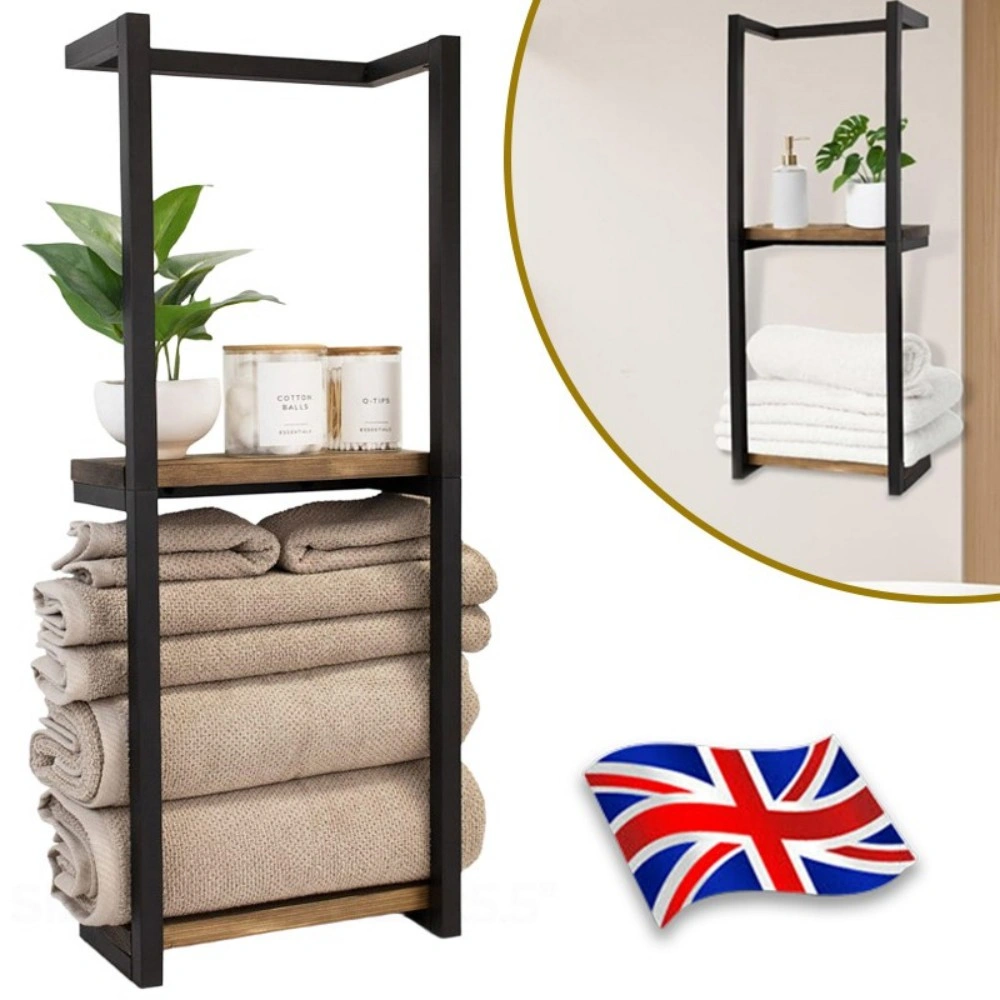 Wall Mounted Towel Rack with Shelf & Rail - Metal Bathroom Organizer Storage Holder Black