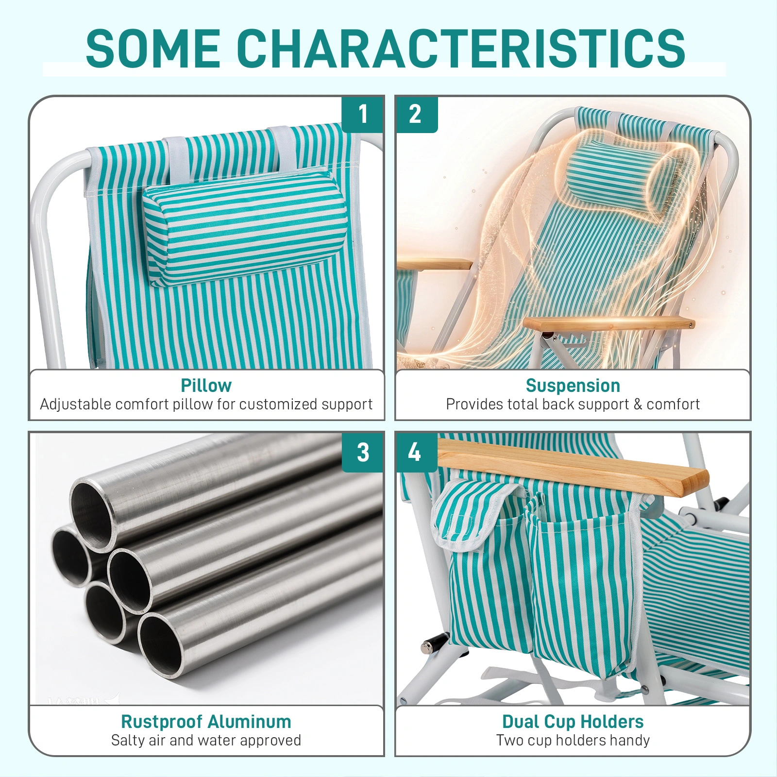 4-Position Adjustable Backpack Beach Chair, Foldable Rustproof Aluminum Frame Lounge Chair with Wooden Armrest, Side Storage Pockets & Detachable Pillow, 24"×22"×37" Outdoor Patio Camping Lawn Chair Holds up to 265 LBS, Mint Green White Vertical Stri view 12