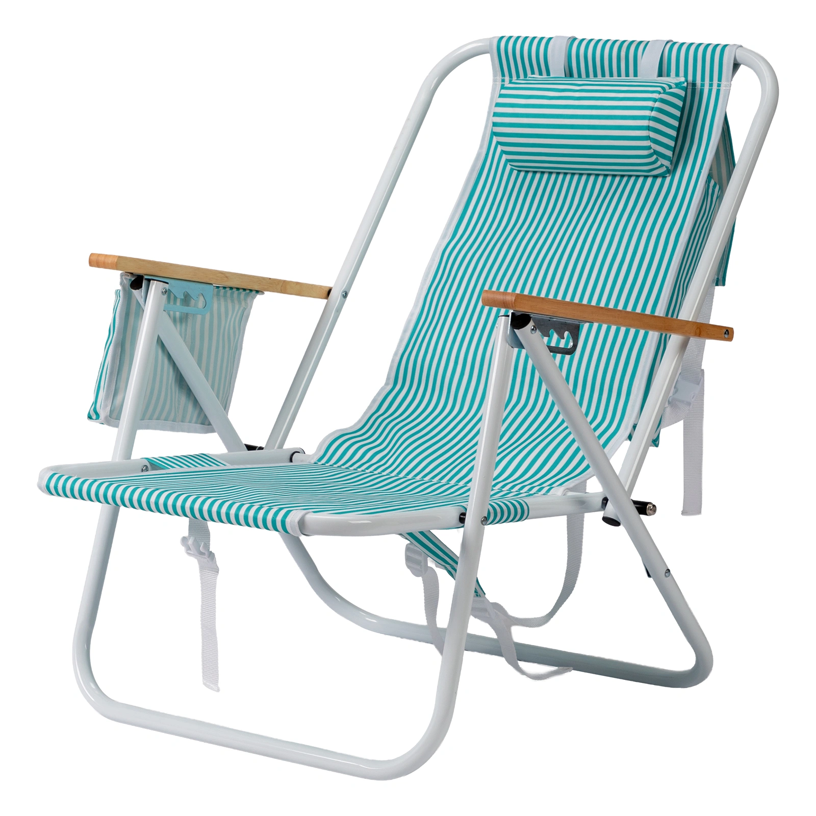 4-Position Adjustable Backpack Beach Chair, Foldable Rustproof Aluminum Frame Lounge Chair with Wooden Armrest, Side Storage Pockets & Detachable Pillow, 24"×22"×37" Outdoor Patio Camping Lawn Chair Holds up to 265 LBS, Mint Green White Vertical Stri view 4