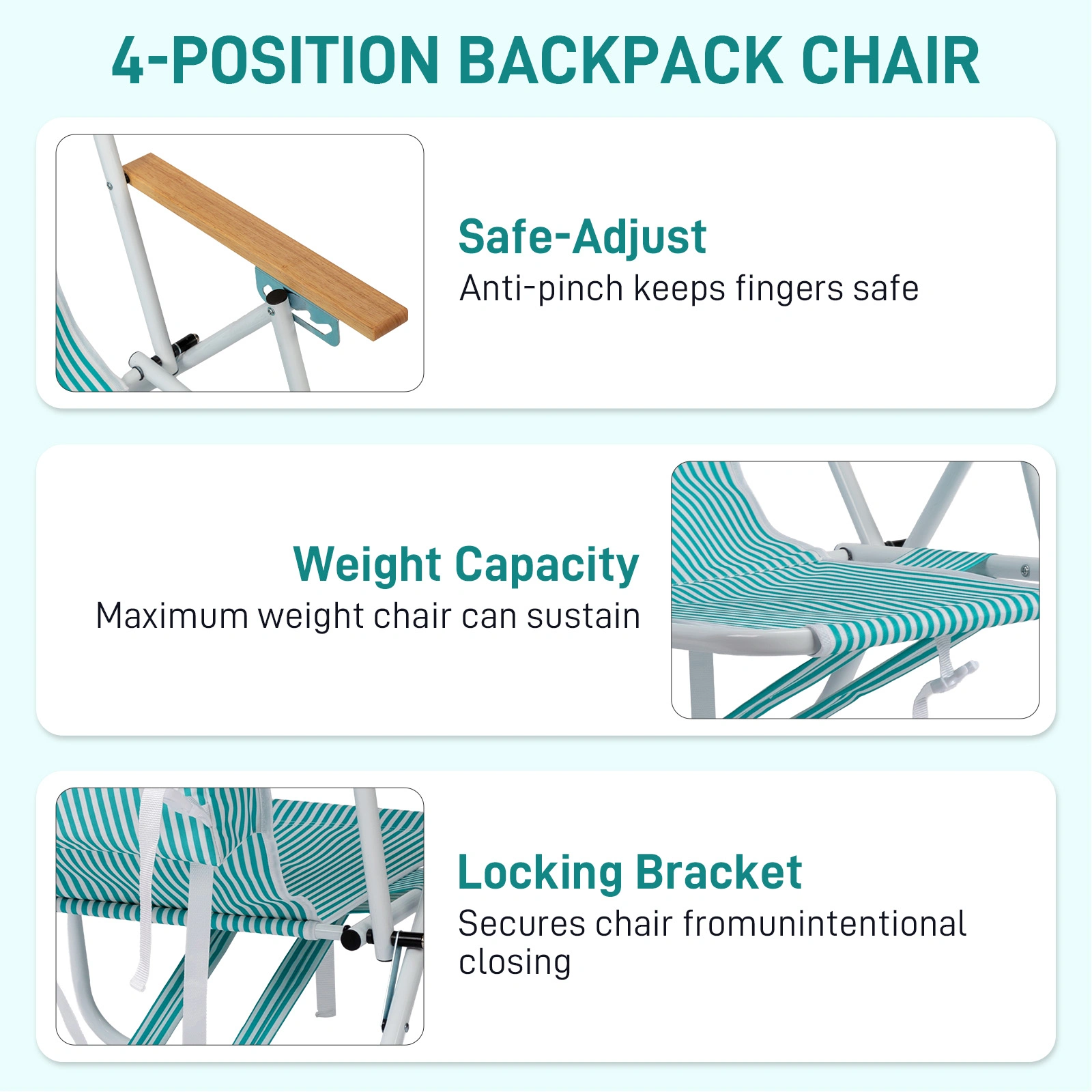 4-Position Adjustable Backpack Beach Chair, Foldable Rustproof Aluminum Frame Lounge Chair with Wooden Armrest, Side Storage Pockets & Detachable Pillow, 24"×22"×37" Outdoor Patio Camping Lawn Chair Holds up to 265 LBS, Mint Green White Vertical Stri view 5