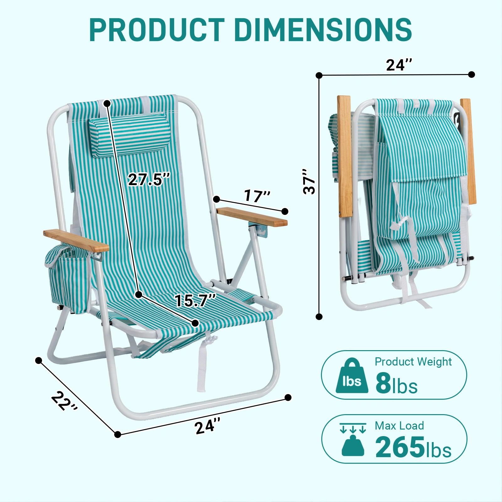 4-Position Adjustable Backpack Beach Chair, Foldable Rustproof Aluminum Frame Lounge Chair with Wooden Armrest, Side Storage Pockets & Detachable Pillow, 24"×22"×37" Outdoor Patio Camping Lawn Chair Holds up to 265 LBS, Mint Green White Vertical Stri view 9