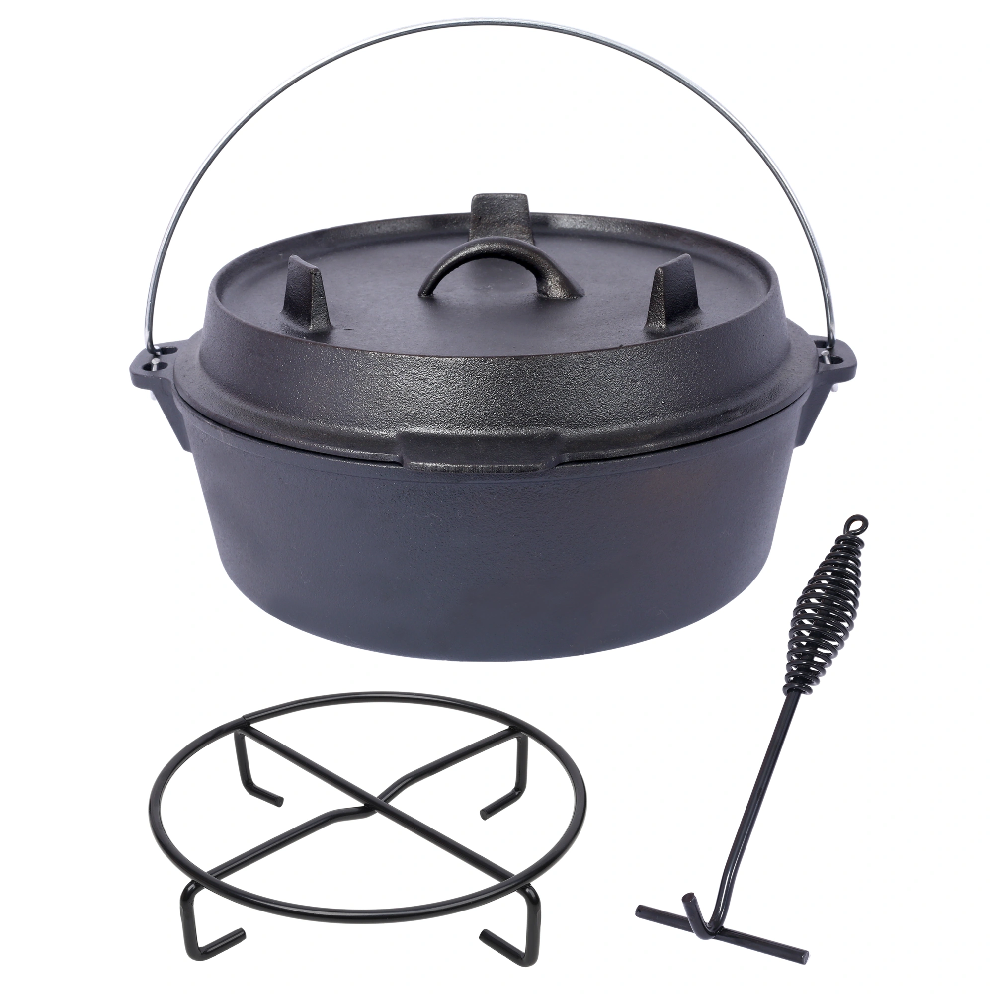 Pre-Seasoned Cast Iron Dutch Oven 6 Quart with Skillet Lid & Pot Rack, Camping Cookware for Fireplace, BBQ, Campfire Baking & Outdoor Cooking view 11