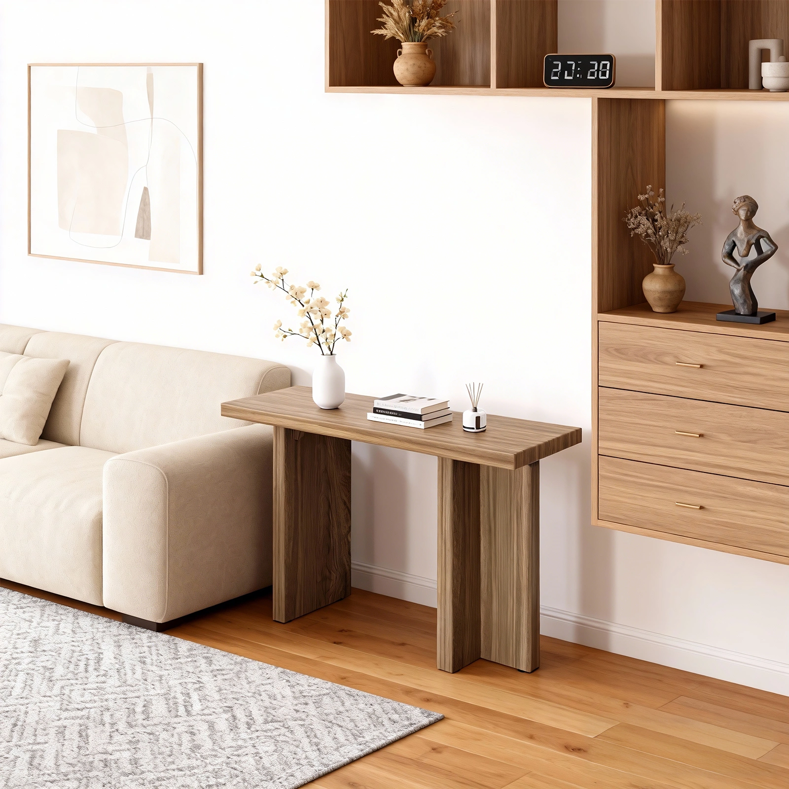 42 Inch Oak Finish Entryway Console Table - T-Leg MDF Table with 3D Paper Laminate, Narrow Table for Hallway Living Room view 7