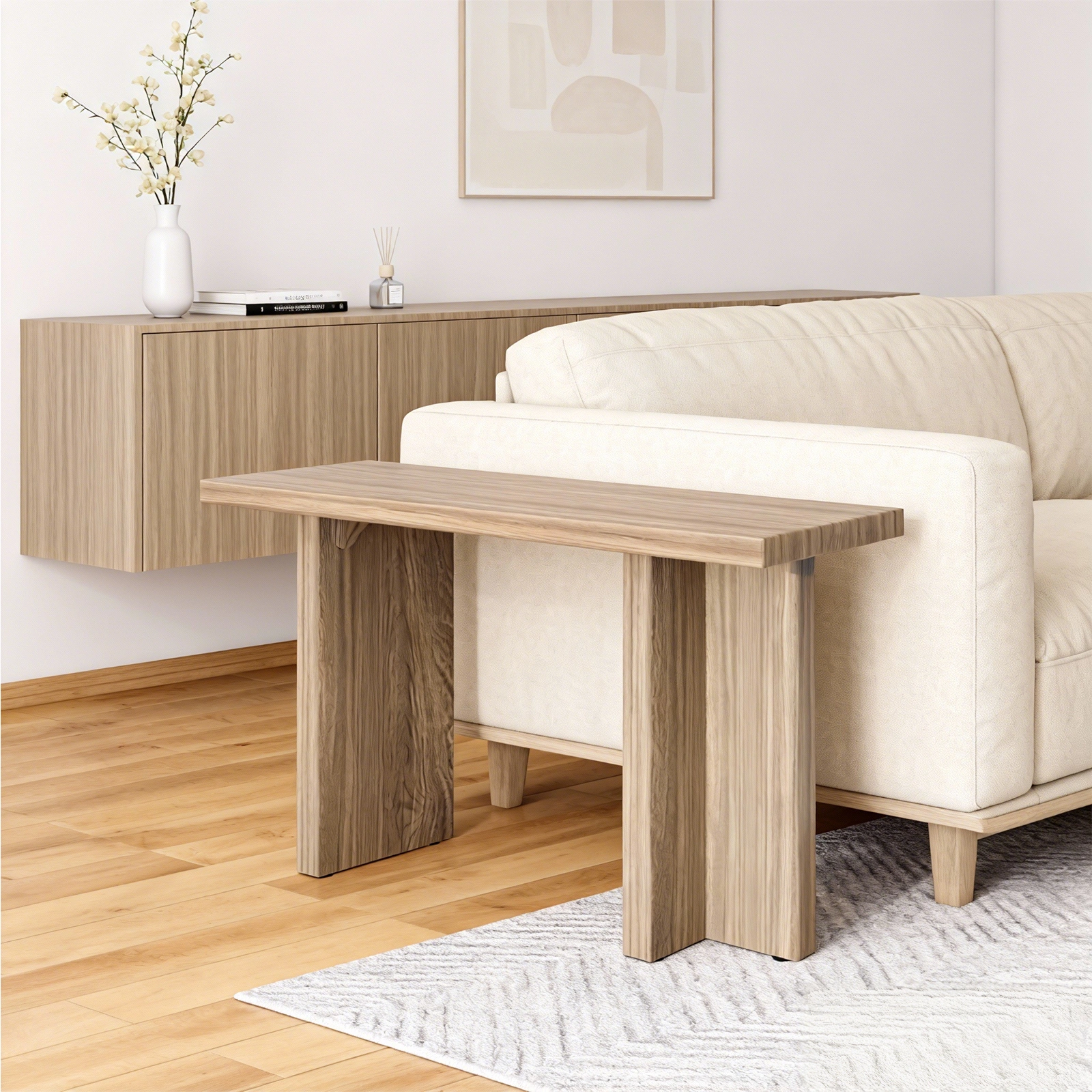42 Inch Oak Finish Entryway Console Table - T-Leg MDF Table with 3D Paper Laminate, Narrow Table for Hallway Living Room view 9