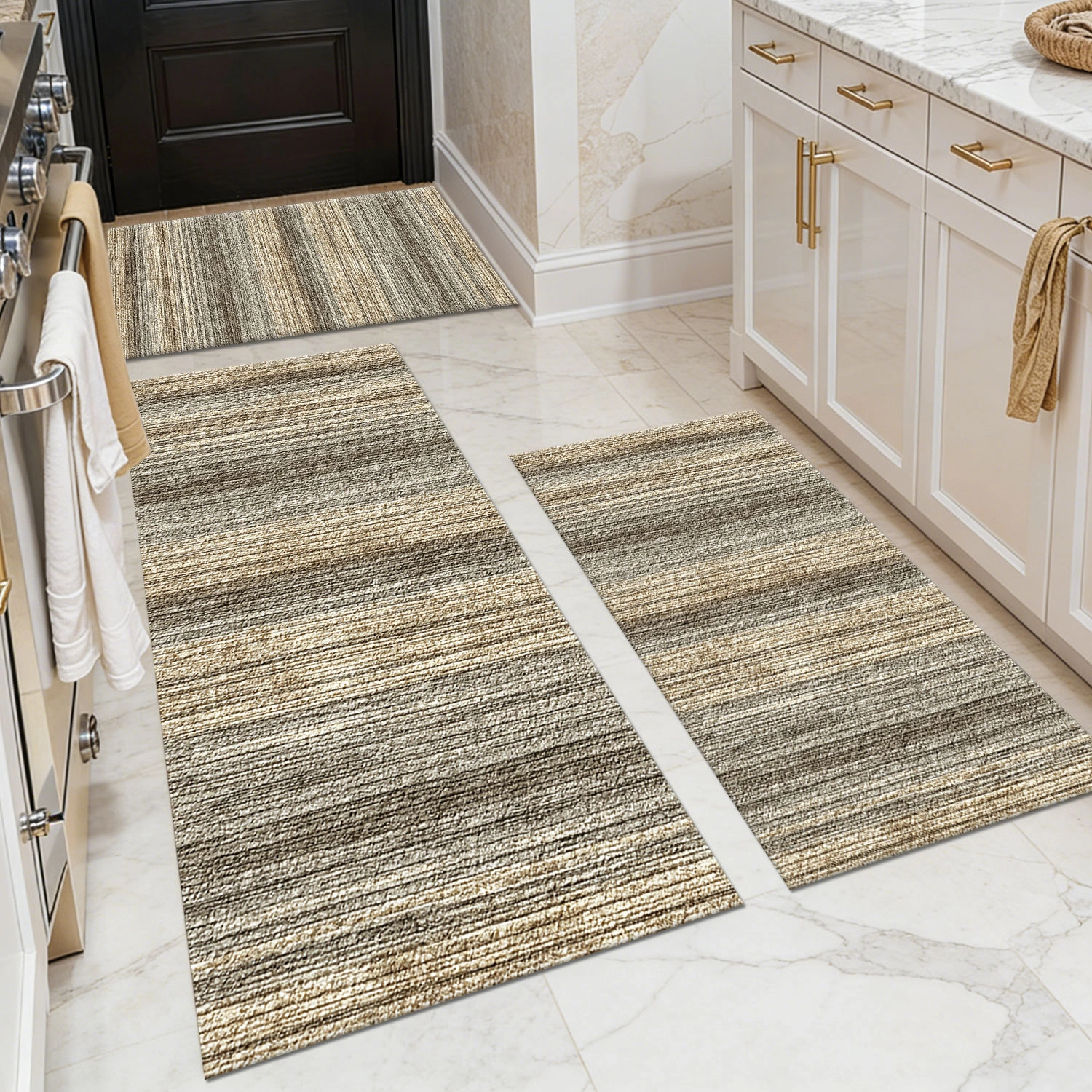 Three-piece kitchen rug set, non-slip and washable, abstract pattern kitchen hallway rug, soft and comfortable, suitable for sinks, floors, entrances, hallways and bathrooms.