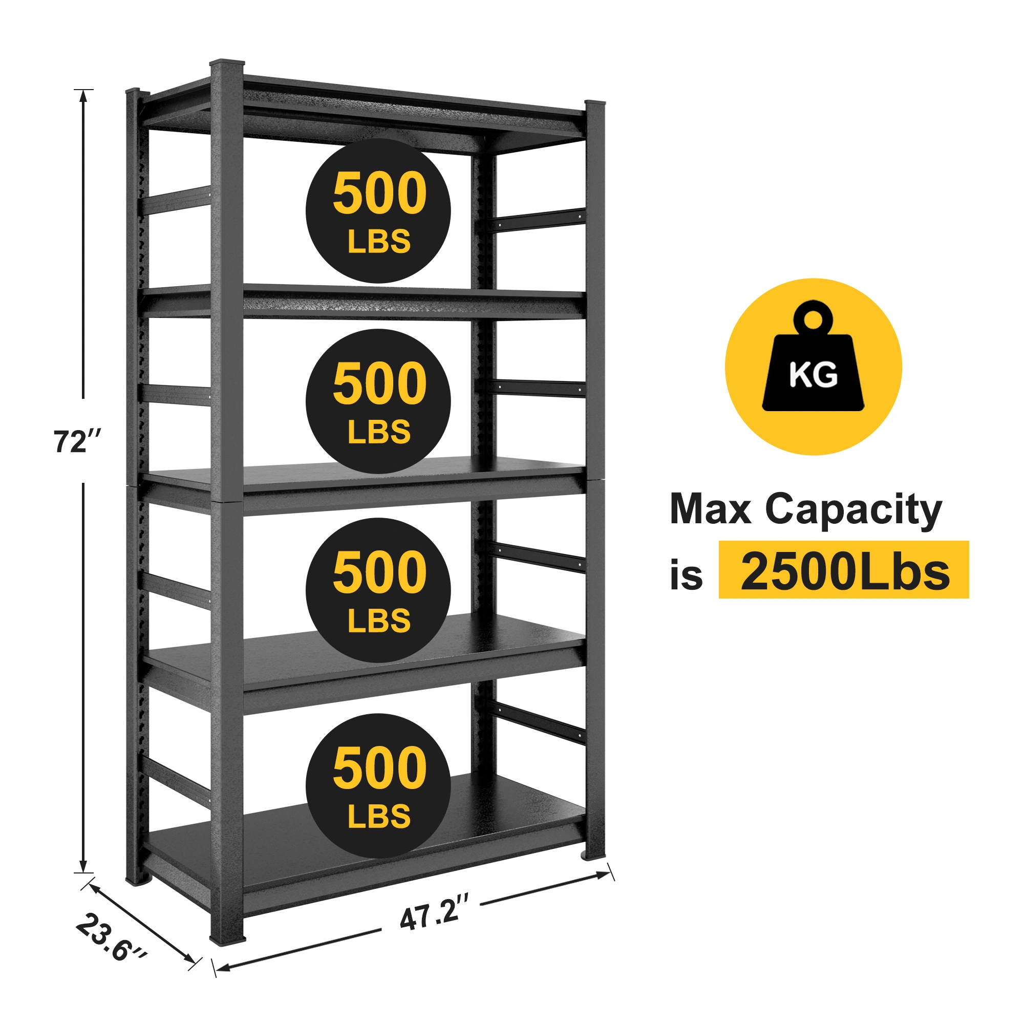 Heavy Duty Metal Shelving Unit 72"H x 47.2"W x 23.6"D, 5-Tier Adjustable Storage Rack for Kitchen & Garage view 4