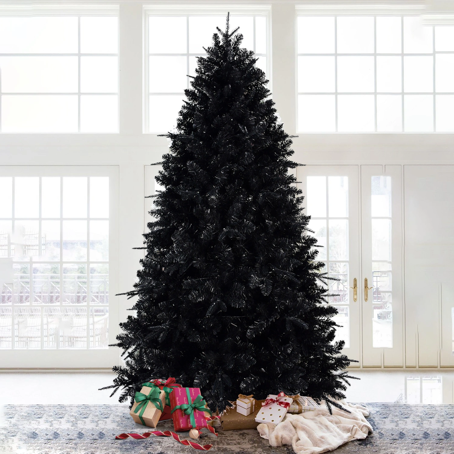 5FT Black Artificial Christmas Tree with 250 White LED Lights, 1076 Tips PE+PVC Pre-Lit Hinged Holiday Tree with Metal Stand for Home Indoor Decor view 10