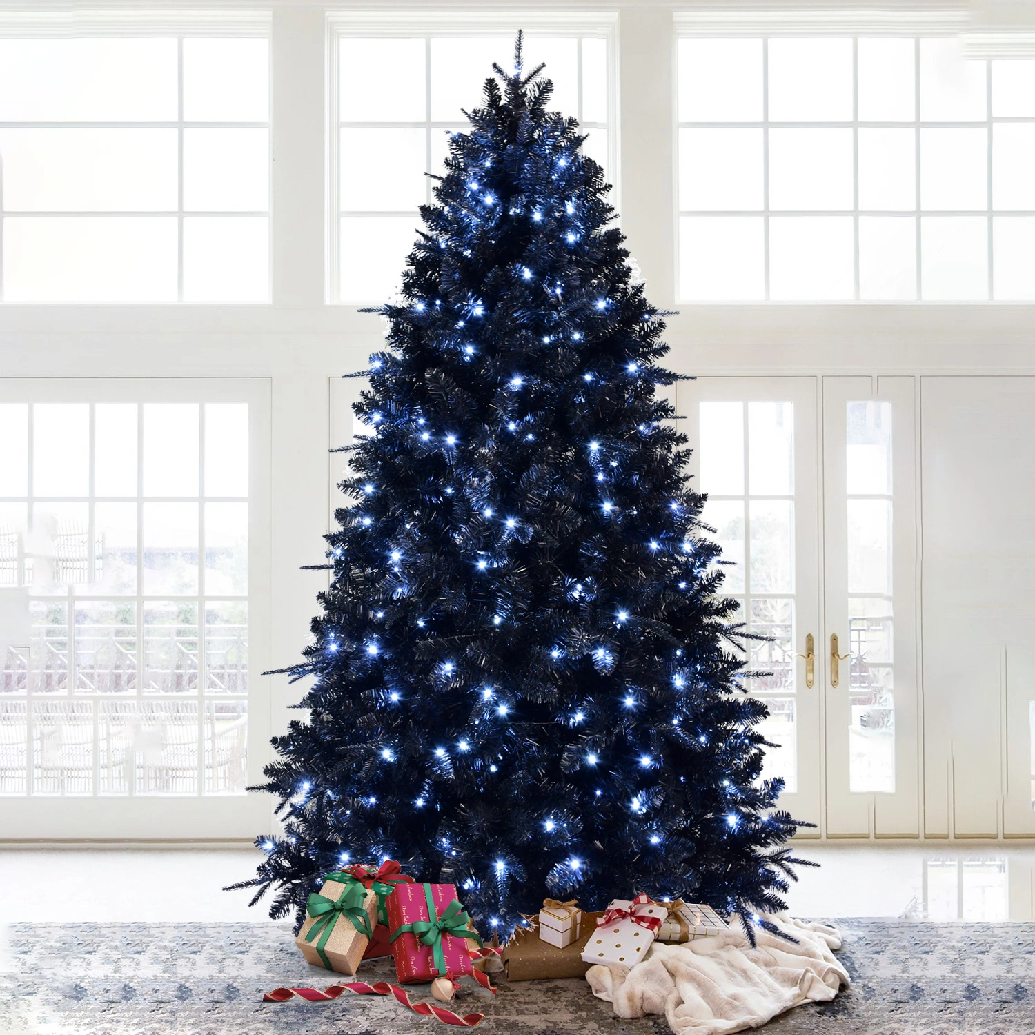 5FT Black Artificial Christmas Tree with 250 White LED Lights, 1076 Tips PE+PVC Pre-Lit Hinged Holiday Tree with Metal Stand for Home Indoor Decor view 2