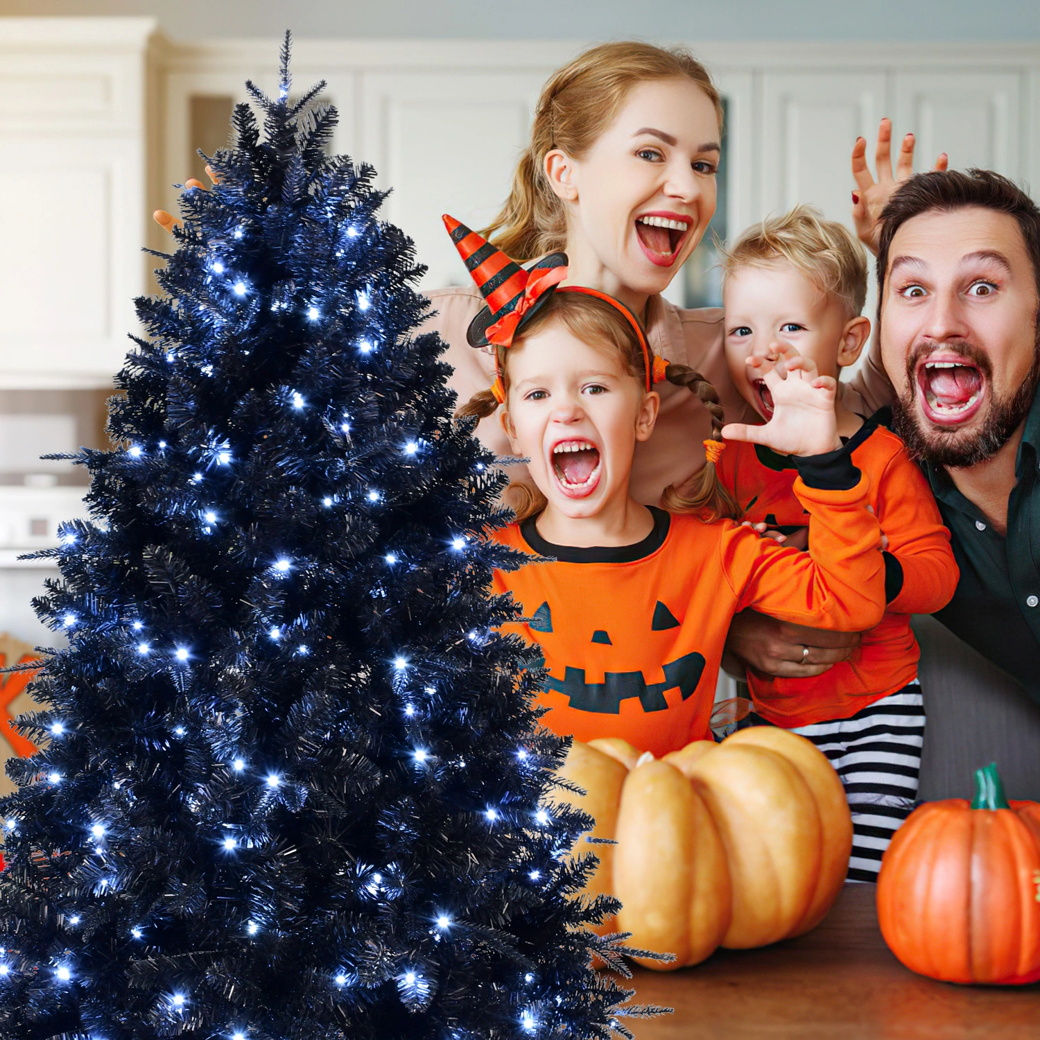 5FT Black Artificial Christmas Tree with 250 White LED Lights, 1076 Tips PE+PVC Pre-Lit Hinged Holiday Tree with Metal Stand for Home Indoor Decor view 3