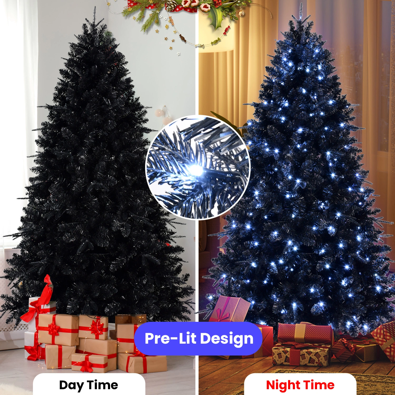 5FT Black Artificial Christmas Tree with 250 White LED Lights, 1076 Tips PE+PVC Pre-Lit Hinged Holiday Tree with Metal Stand for Home Indoor Decor view 5