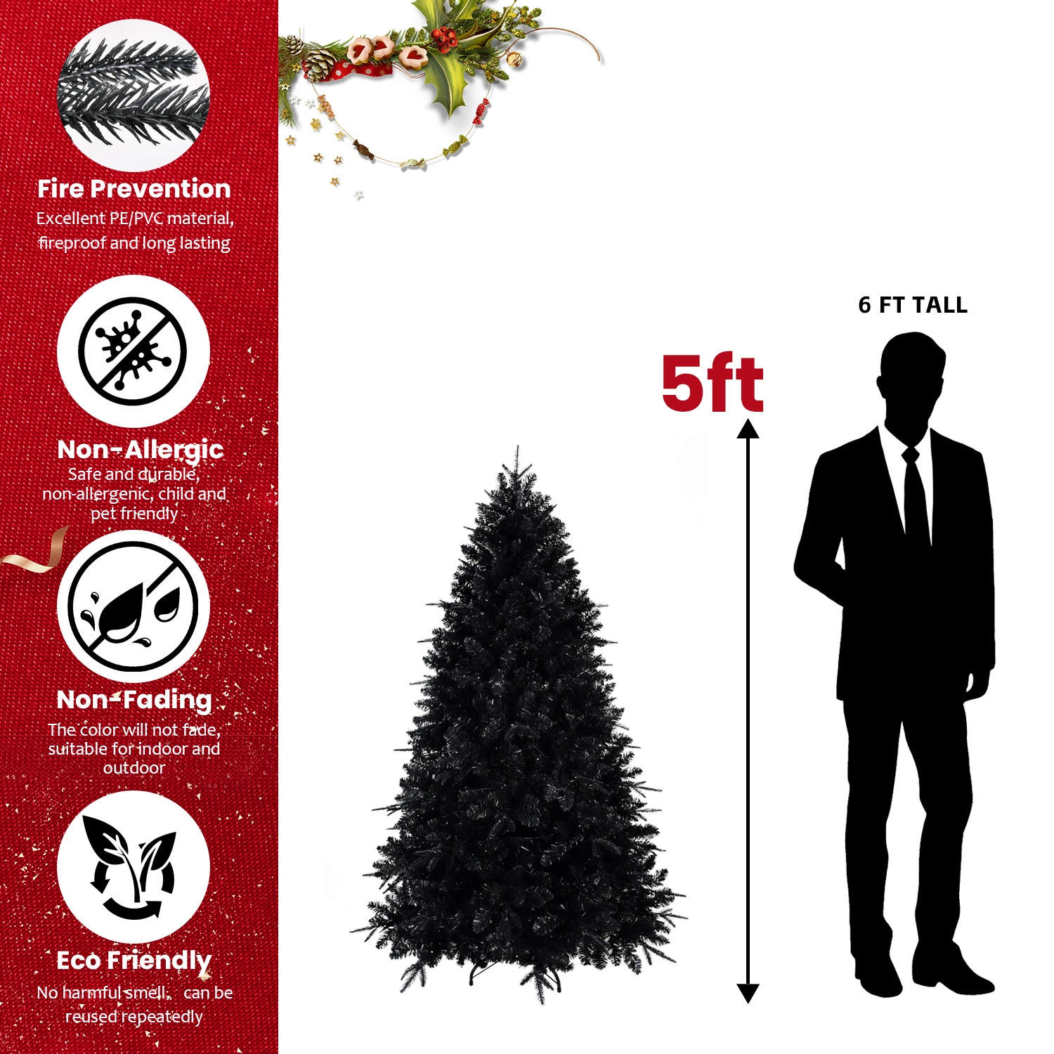 5FT Black Artificial Christmas Tree with 250 White LED Lights, 1076 Tips PE+PVC Pre-Lit Hinged Holiday Tree with Metal Stand for Home Indoor Decor view 7