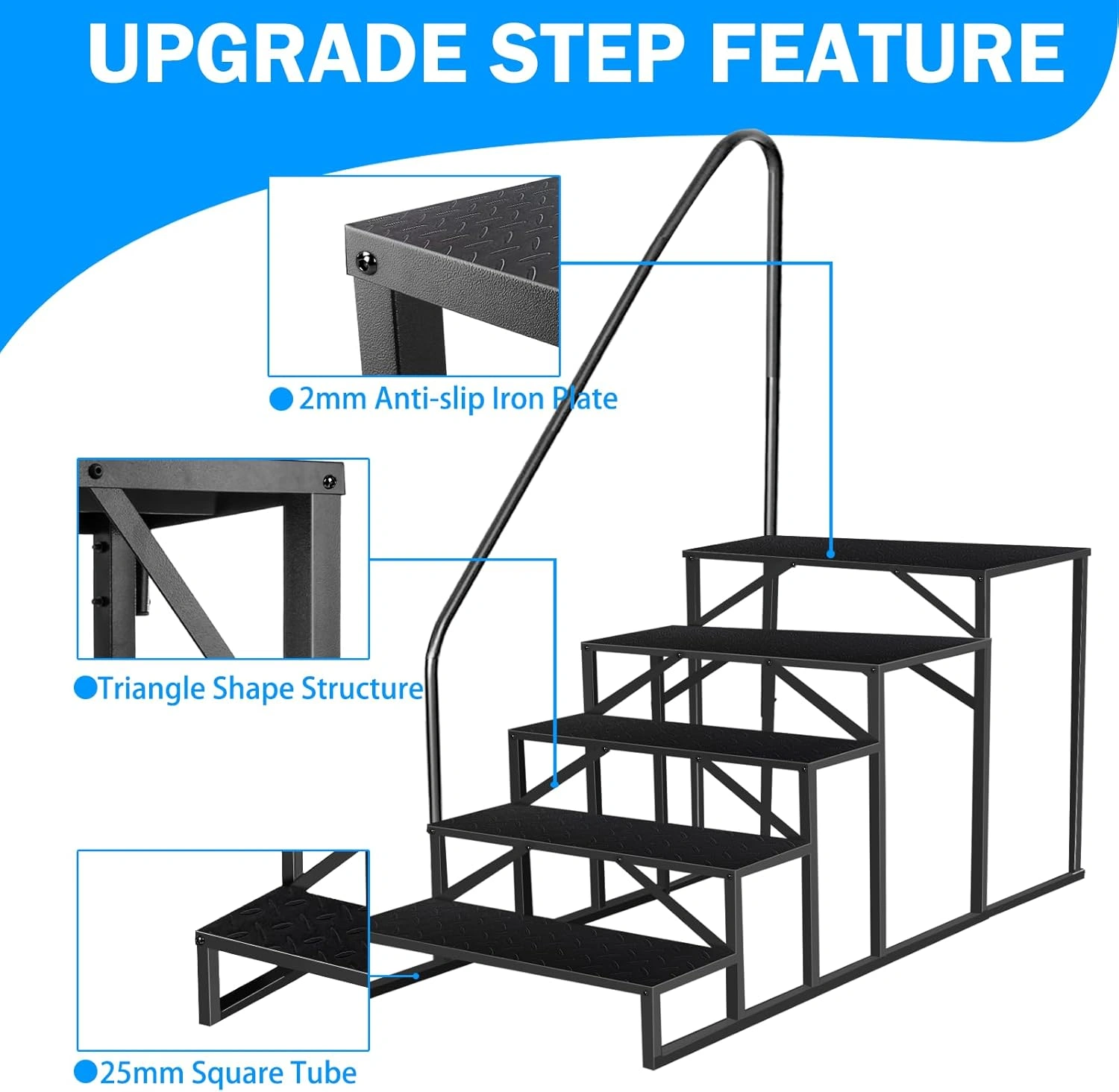 5-Step Ladder with Handle, RV Step Stool, Pet Stairs, Steel Household Step Ladder Hocker, Max 300kg for Spa, Courtyard, Mobile Home view 2