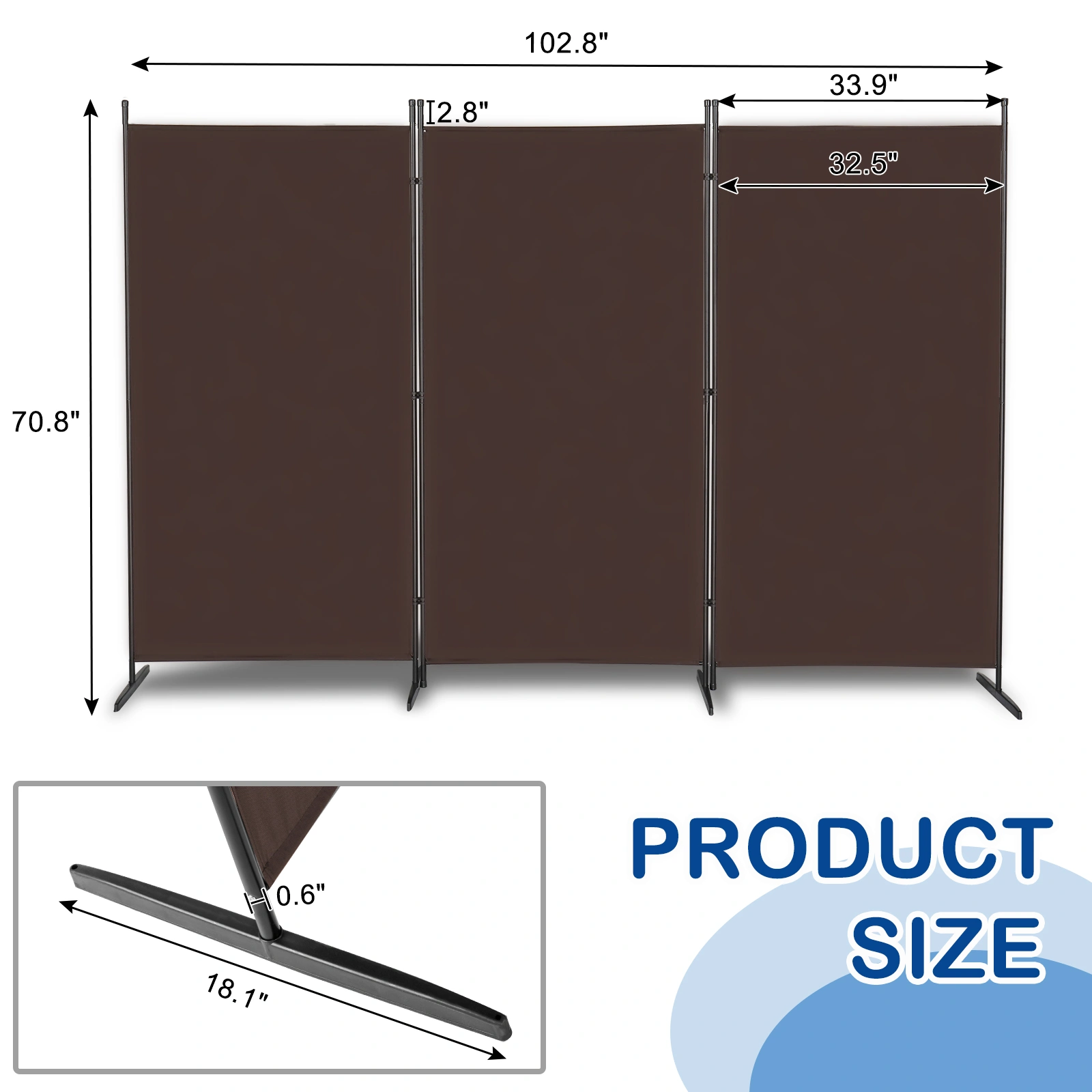 6FT Trifold Room Divider Screen, 130g Polyester, Carbon Steel Frame, Foldable Portable Privacy Divider with Plastic Feet, Brown view 3