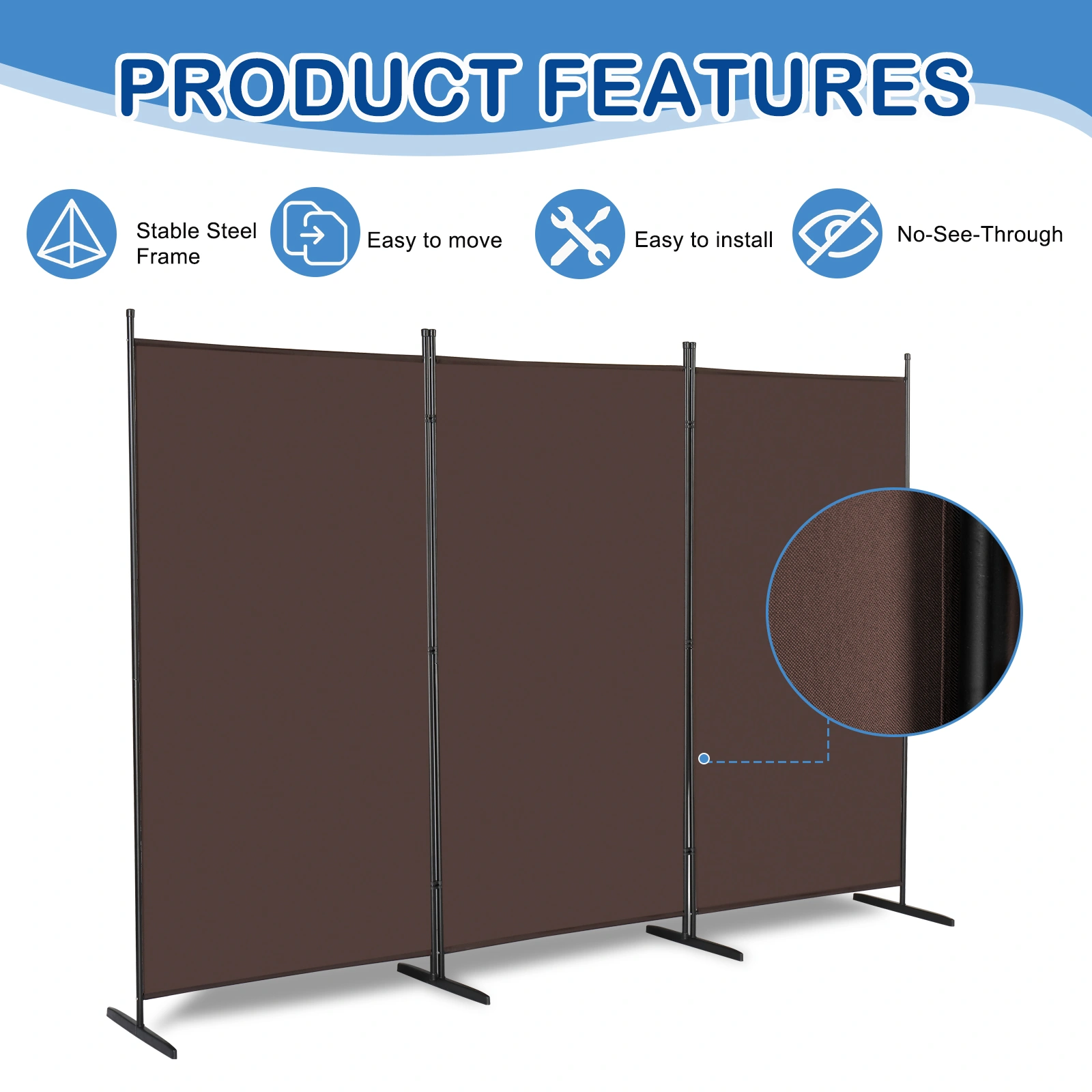 6FT Trifold Room Divider Screen, 130g Polyester, Carbon Steel Frame, Foldable Portable Privacy Divider with Plastic Feet, Brown view 4