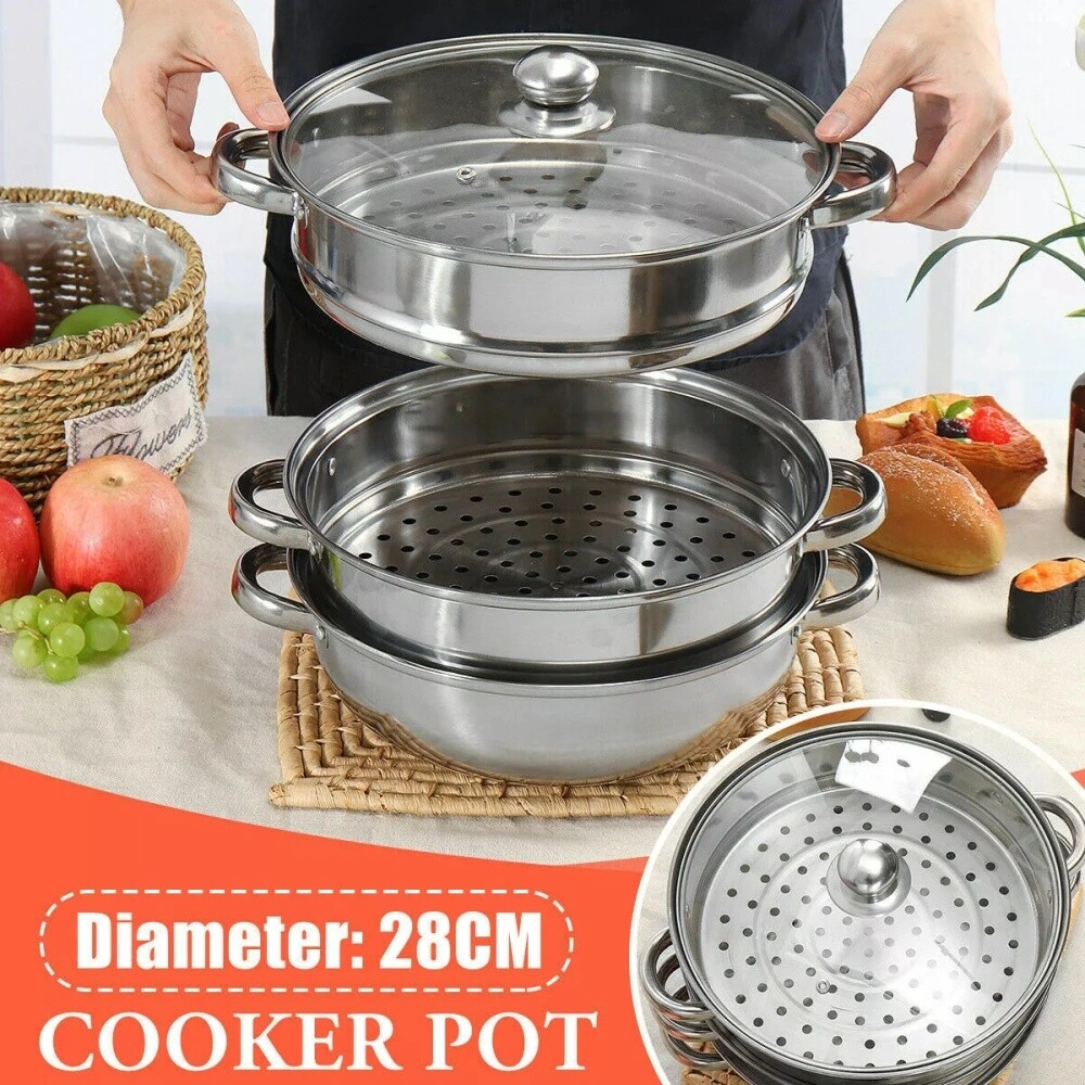28cm 3 Tier Stainless Steel Steamer Pot Large Vegetable Cooker Insert with Lid Induction