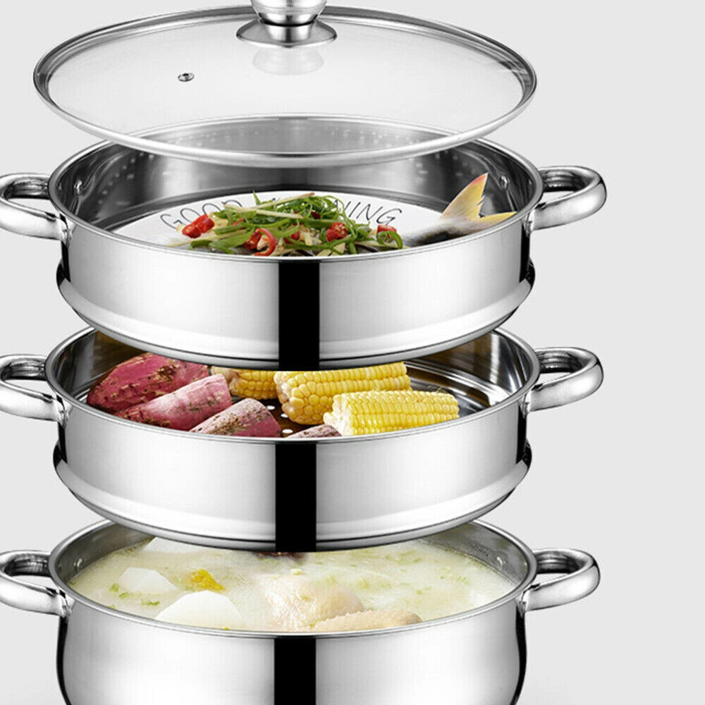 28cm 3 Tier Stainless Steel Steamer Pot Large Vegetable Cooker Insert with Lid Induction view 4