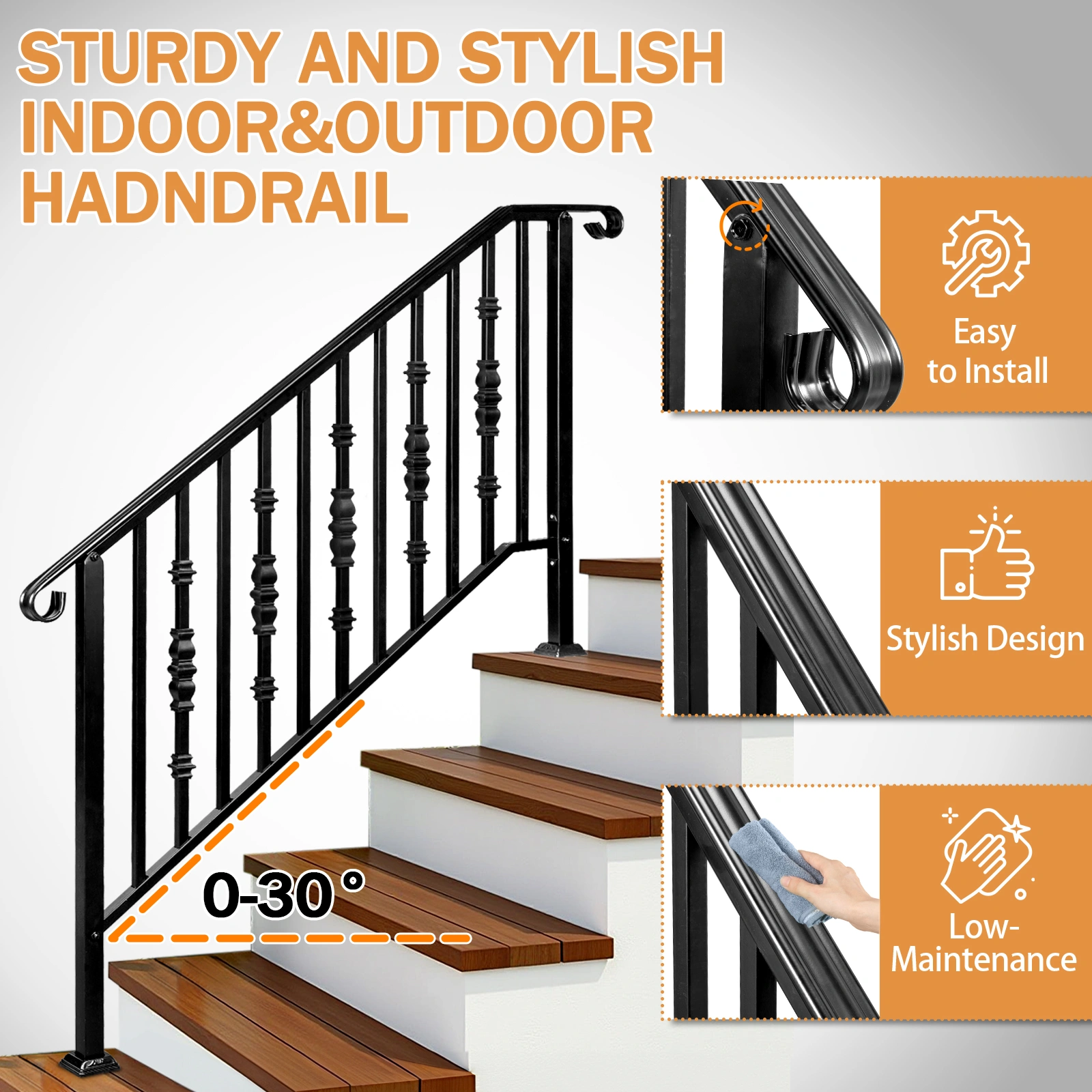 Matte Black Outdoor Iron Handrail - 4 Level Stairs Railing view 10