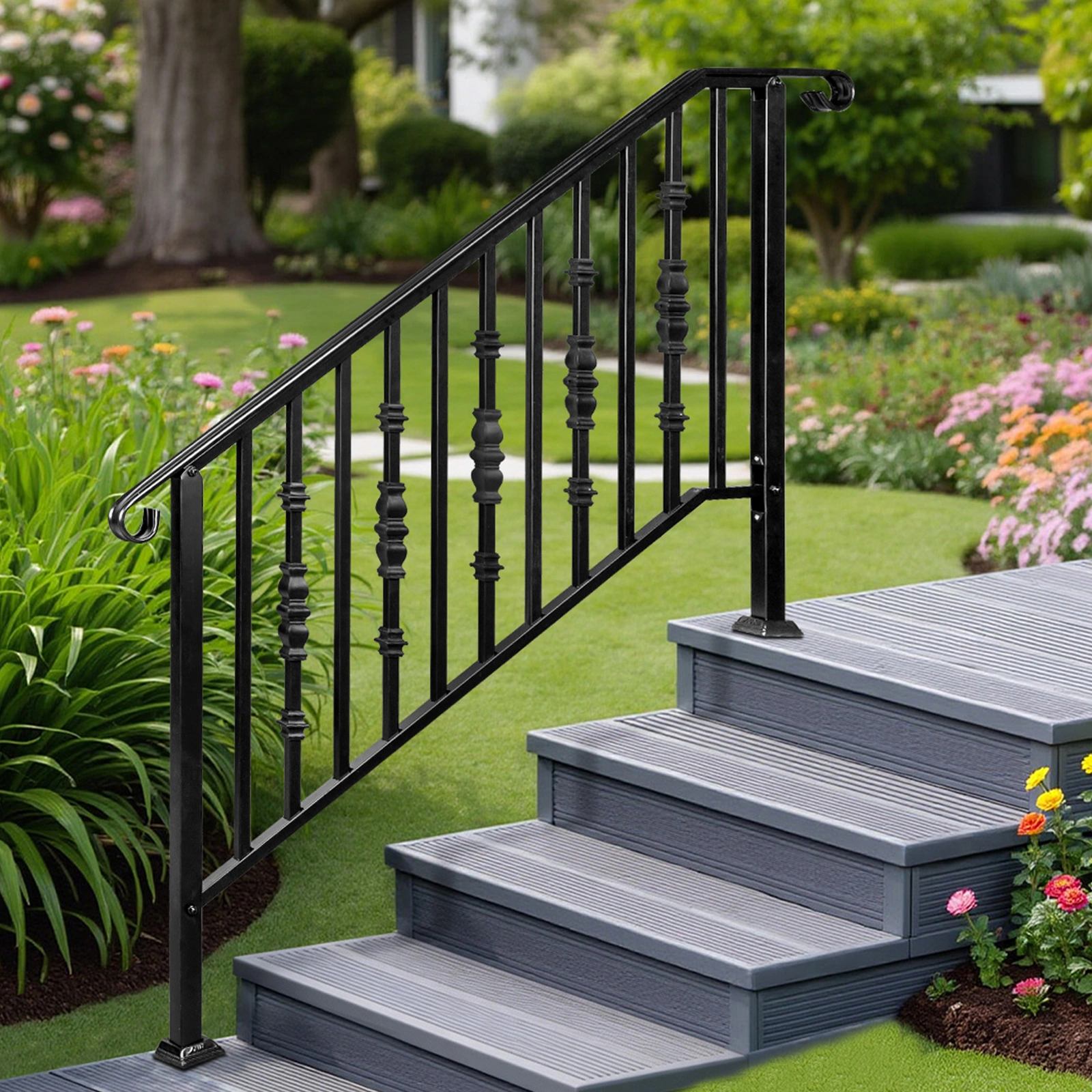 Matte Black Outdoor Iron Handrail - 4 Level Stairs Railing view 11