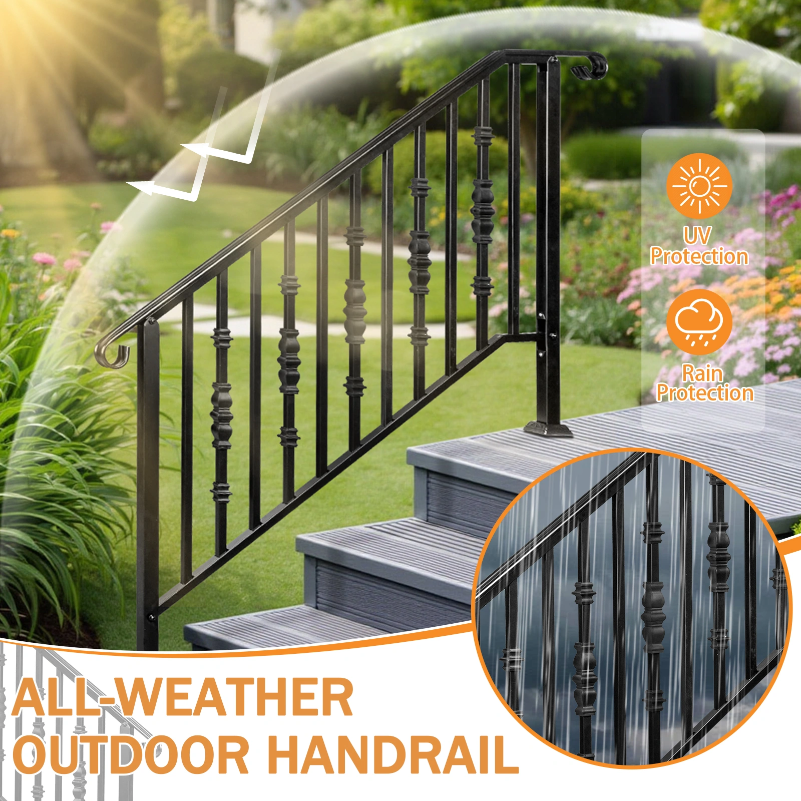 Matte Black Outdoor Iron Handrail - 4 Level Stairs Railing view 12