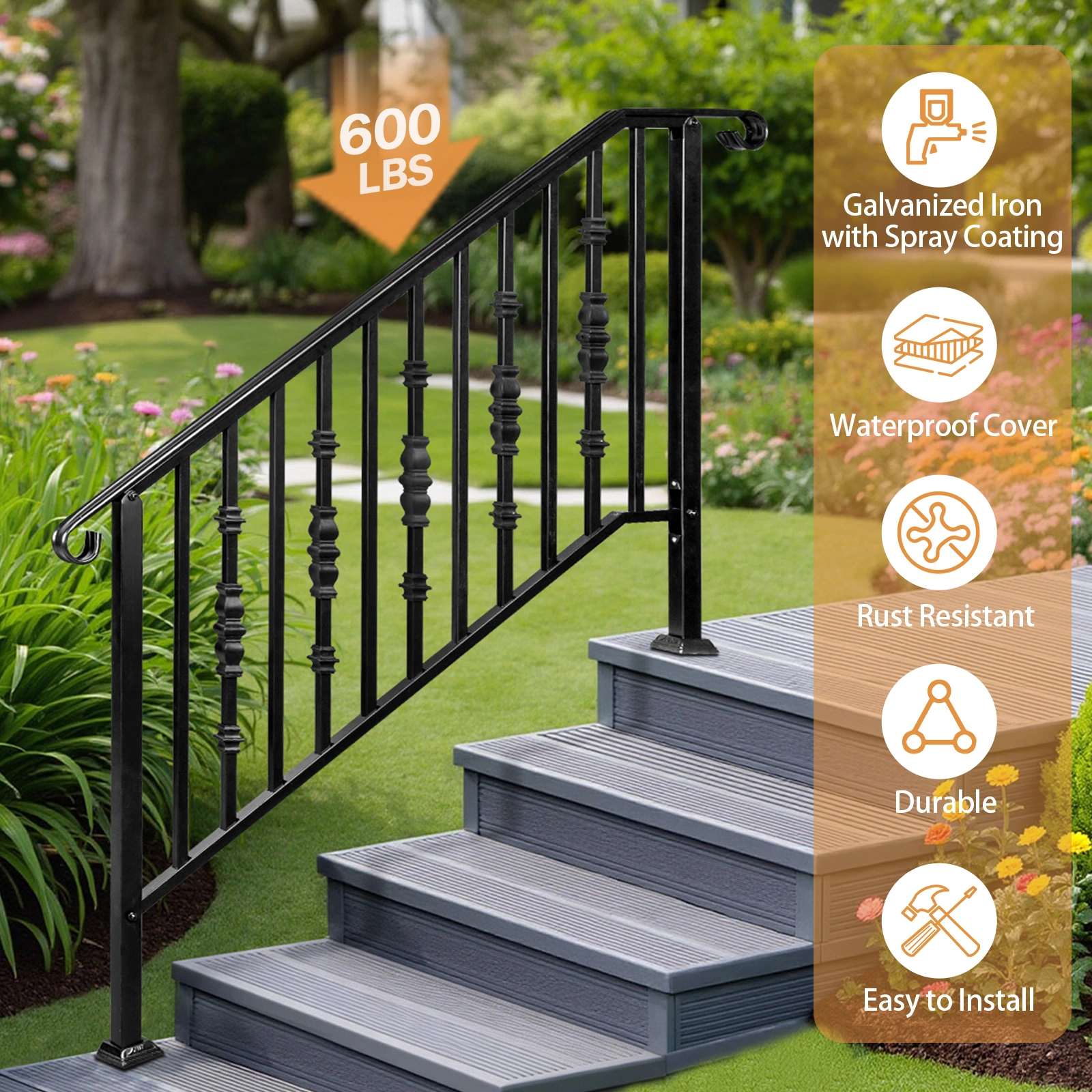 Matte Black Outdoor Iron Handrail - 4 Level Stairs Railing view 13