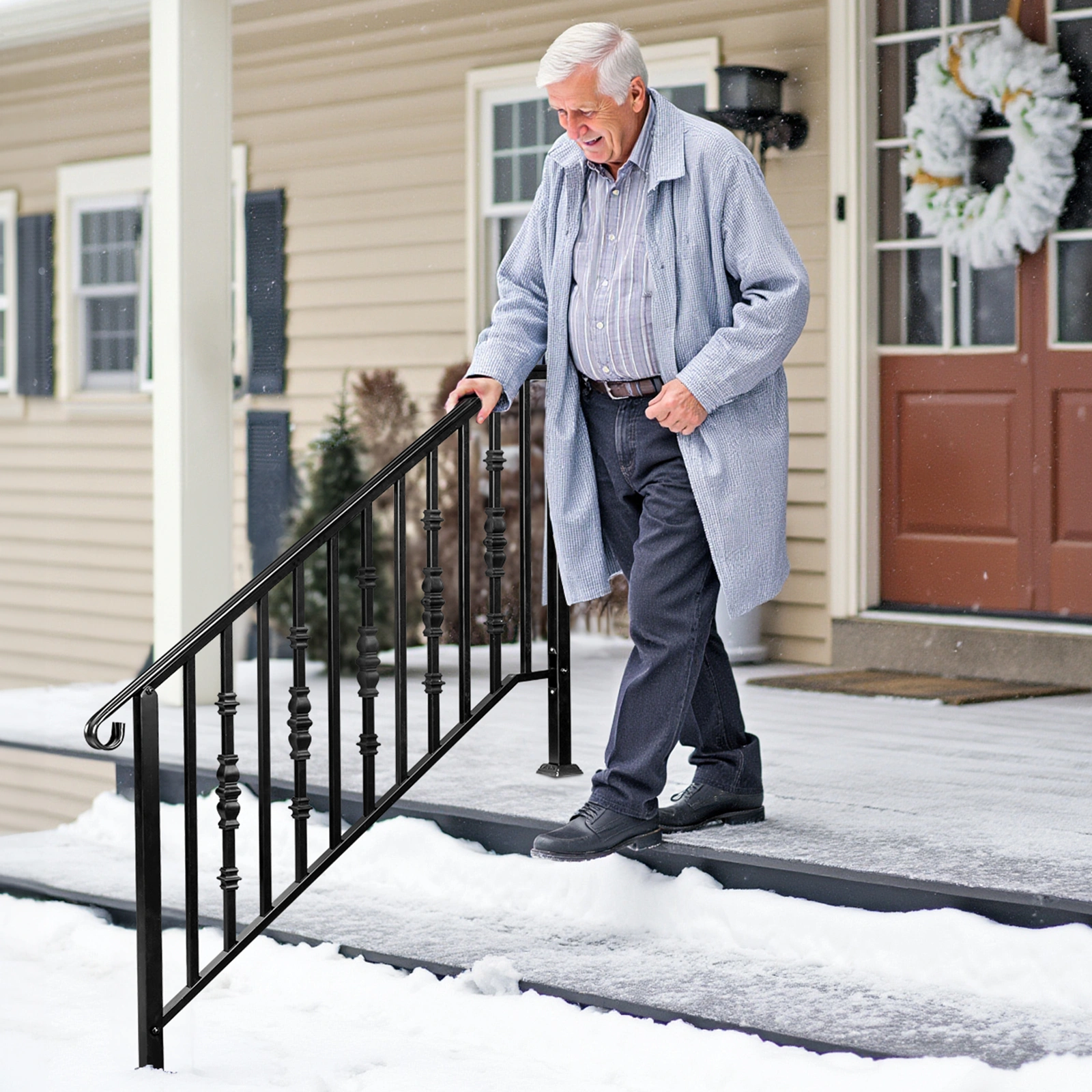 Matte Black Outdoor Iron Handrail - 4 Level Stairs Railing view 15