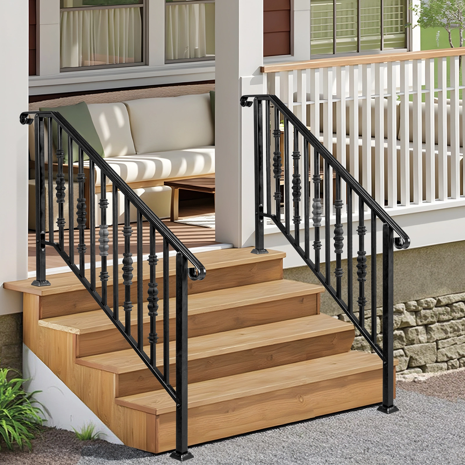 Matte Black Outdoor Iron Handrail - 4 Level Stairs Railing view 16