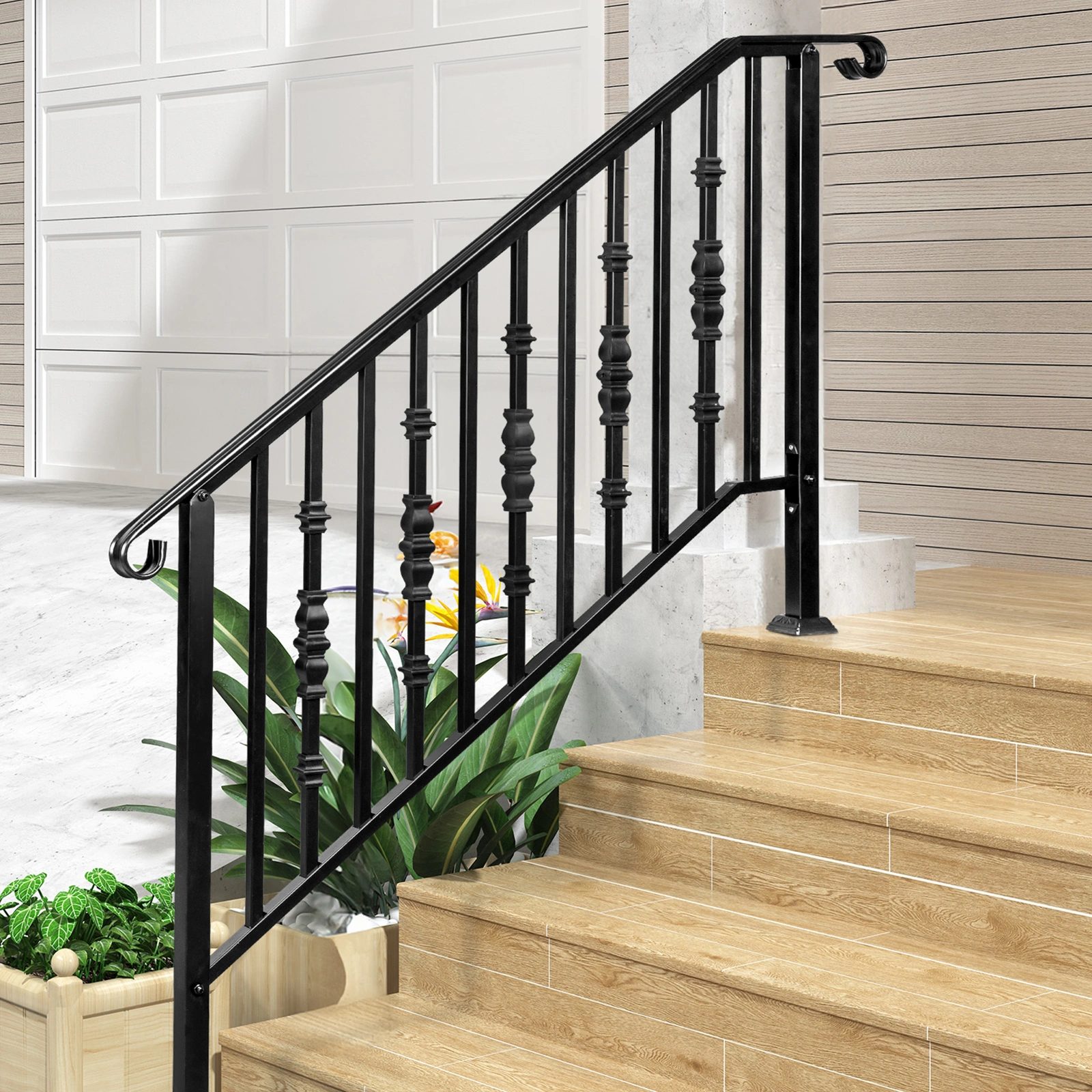Matte Black Outdoor Iron Handrail - 4 Level Stairs Railing view 18