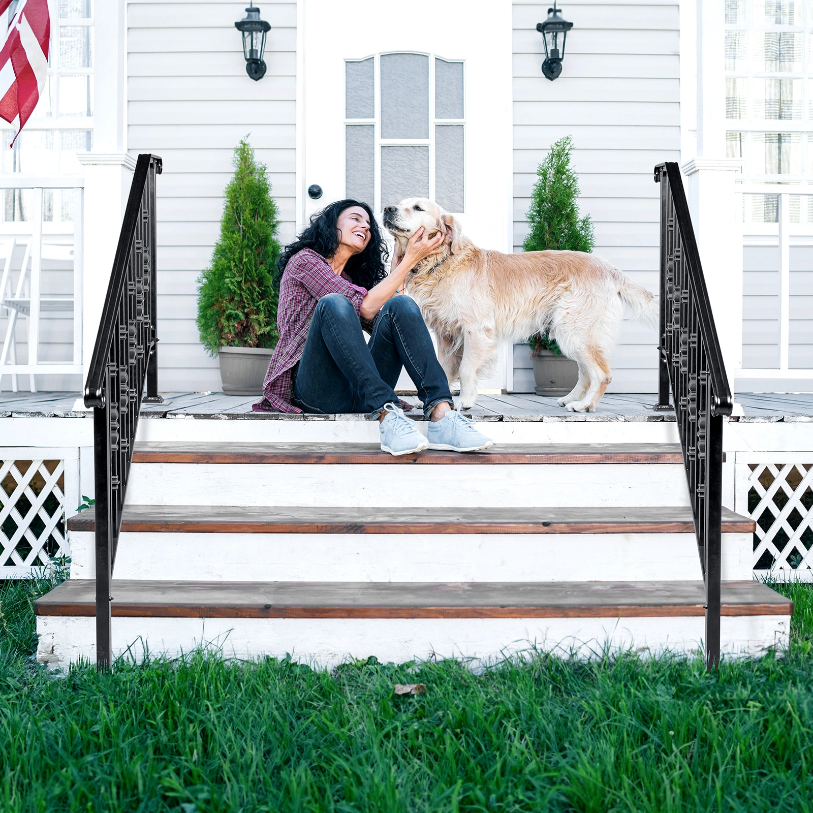 Matte Black Outdoor Iron Handrail - 4 Level Stairs Railing view 19