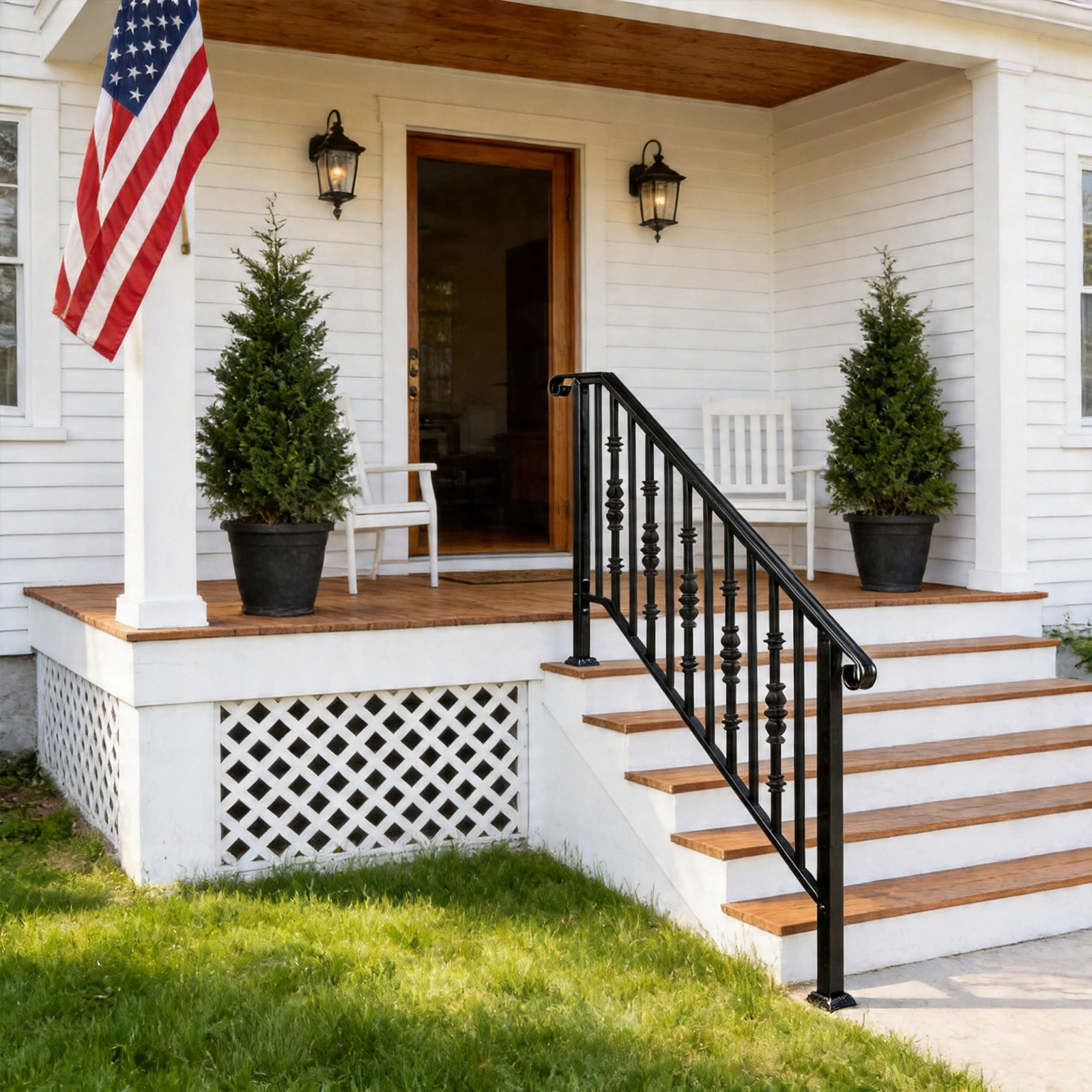 Matte Black Outdoor Iron Handrail - 4 Level Stairs Railing view 24