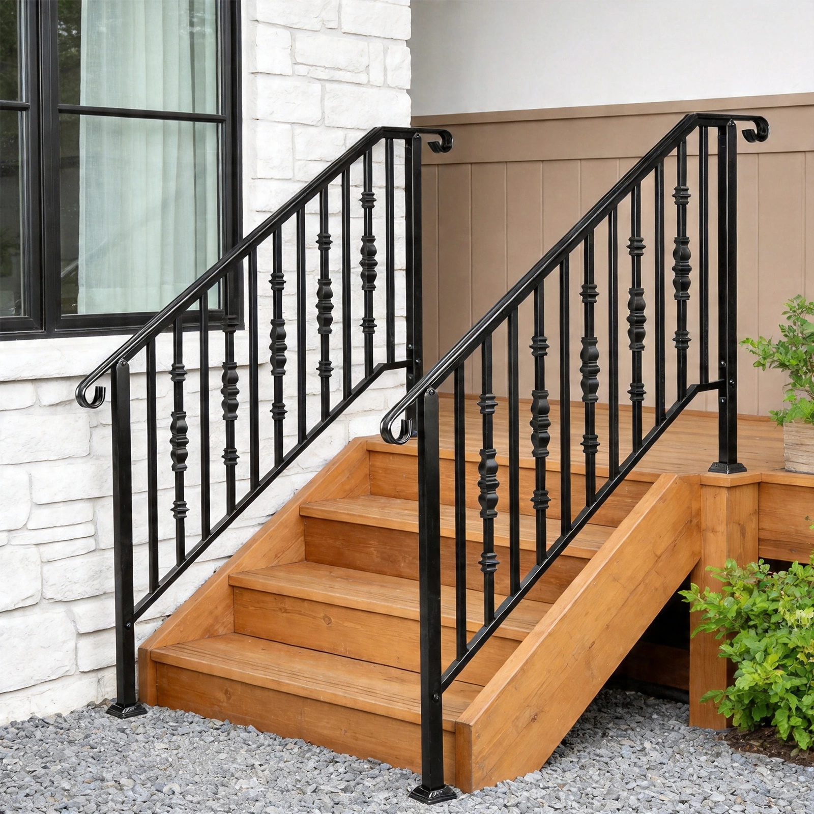 Matte Black Outdoor Iron Handrail - 4 Level Stairs Railing view 25