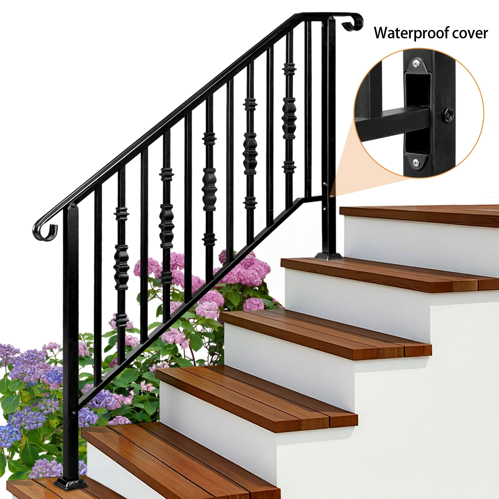 Matte Black Outdoor Iron Handrail - 4 Level Stairs Railing view 8