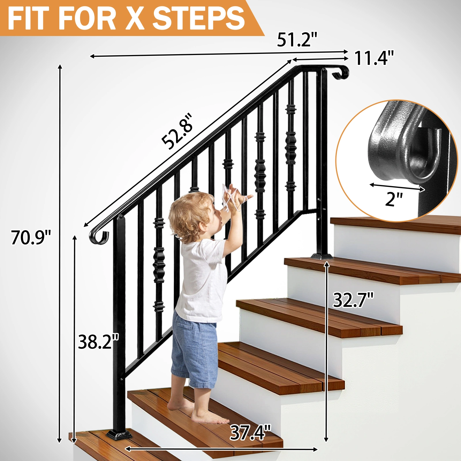 Matte Black Outdoor Iron Handrail - 4 Level Stairs Railing view 9