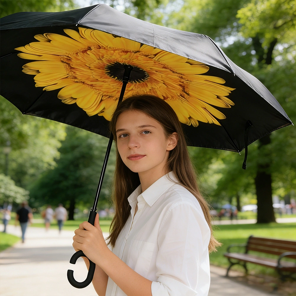 Sunflower Double Layer Inverted Umbrella Windproof UV Protection Reverse Open C Handle Large Self Standing Umbrella