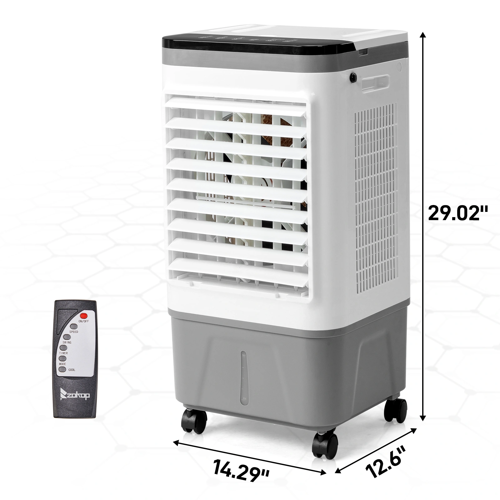 3 in 1 Portable Evaporative Cooler,720R,Indoor,Outdoor,461CFM Air Cooler with remote,Copper motor,5.28 Gal Water Tank & Scroll Casters, 4 Ice Packs,12H timer settings,Gray and White view 10