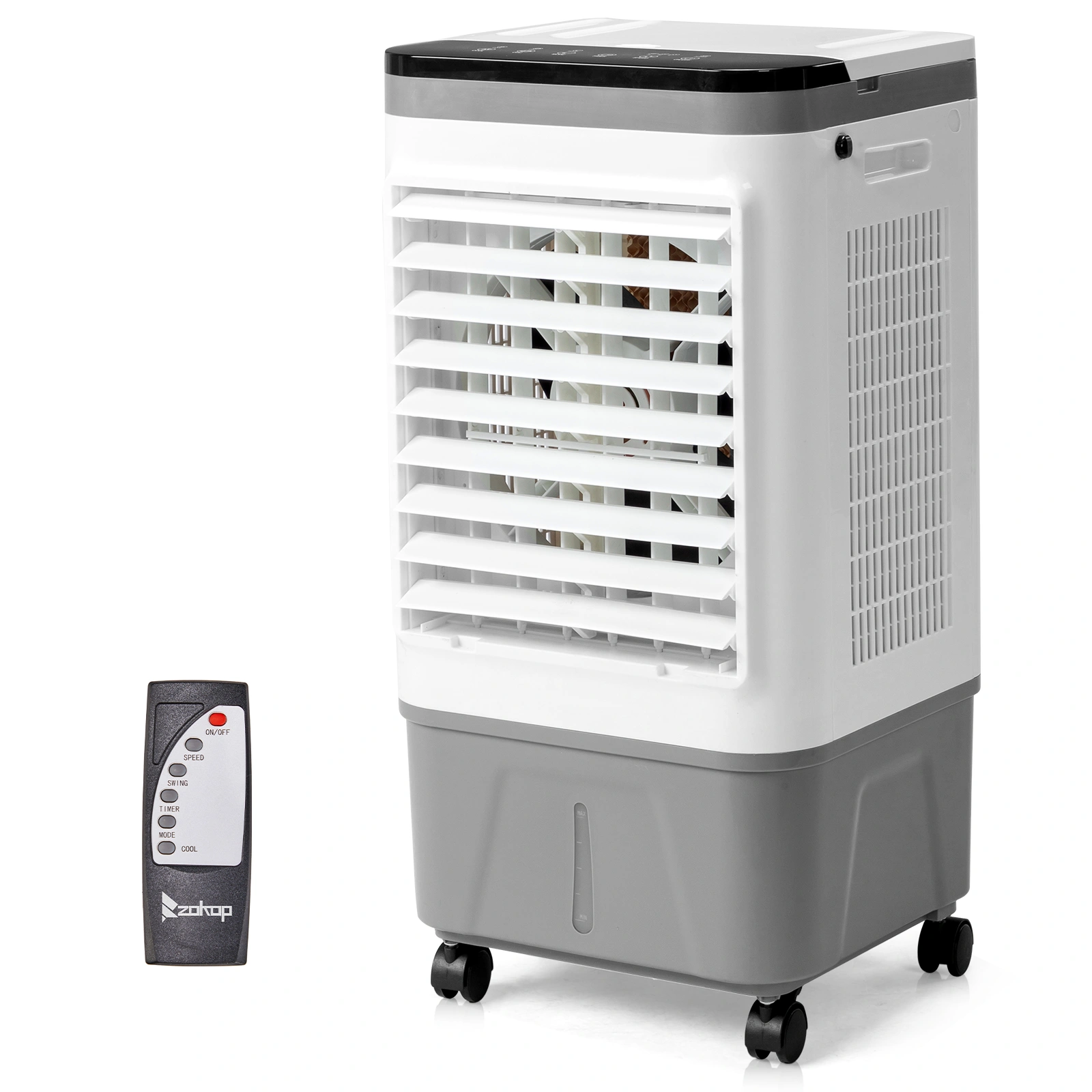 3 in 1 Portable Evaporative Cooler,720R,Indoor,Outdoor,461CFM Air Cooler with remote,Copper motor,5.28 Gal Water Tank & Scroll Casters, 4 Ice Packs,12H timer settings,Gray and White view 12