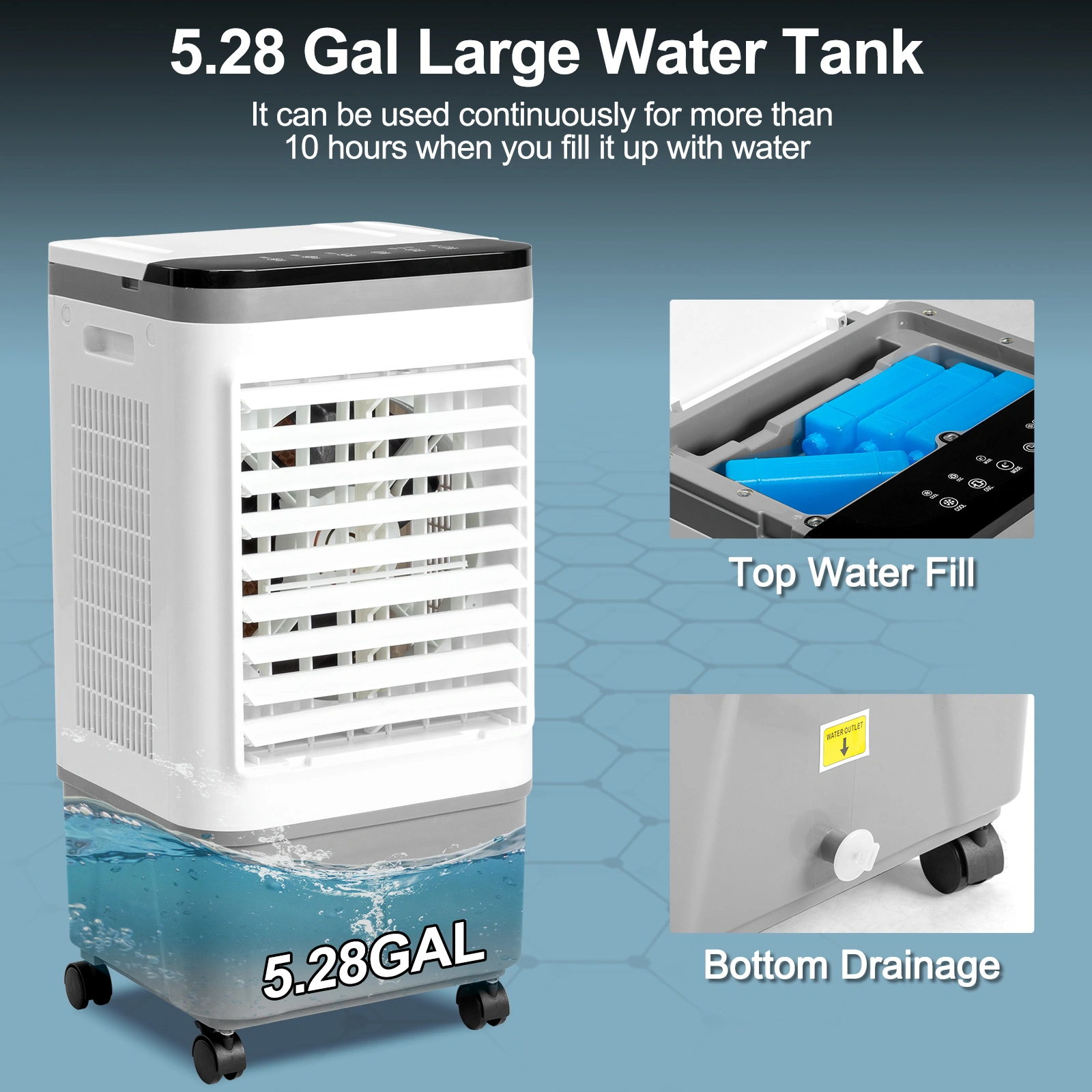 3 in 1 Portable Evaporative Cooler,720R,Indoor,Outdoor,461CFM Air Cooler with remote,Copper motor,5.28 Gal Water Tank & Scroll Casters, 4 Ice Packs,12H timer settings,Gray and White view 2