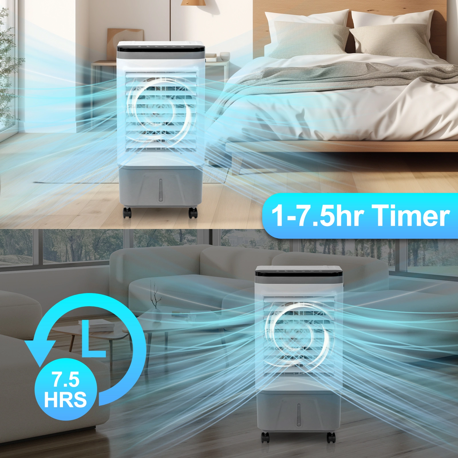 3 in 1 Portable Evaporative Cooler,720R,Indoor,Outdoor,461CFM Air Cooler with remote,Copper motor,5.28 Gal Water Tank & Scroll Casters, 4 Ice Packs,12H timer settings,Gray and White view 3