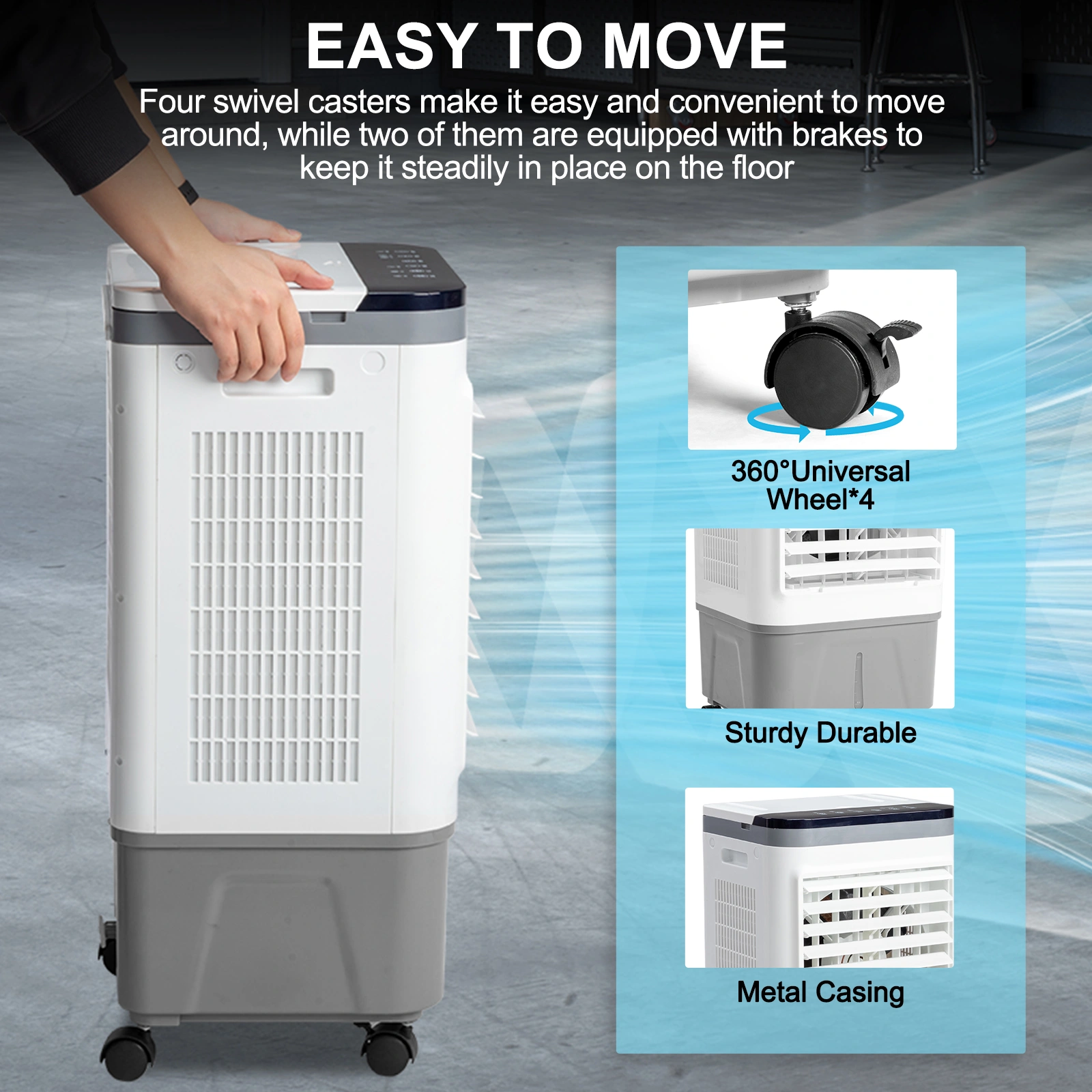 3 in 1 Portable Evaporative Cooler,720R,Indoor,Outdoor,461CFM Air Cooler with remote,Copper motor,5.28 Gal Water Tank & Scroll Casters, 4 Ice Packs,12H timer settings,Gray and White view 5