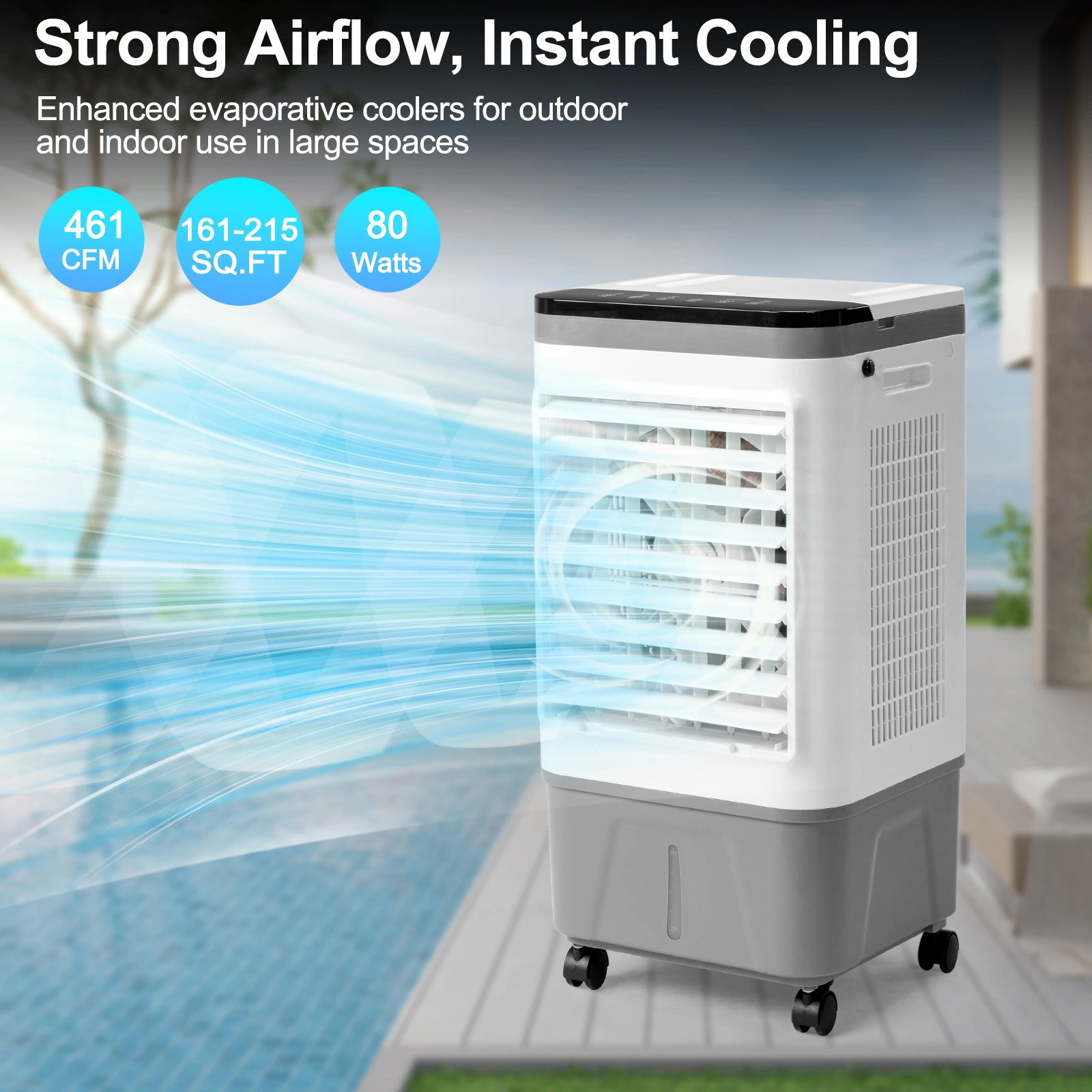 3 in 1 Portable Evaporative Cooler,720R,Indoor,Outdoor,461CFM Air Cooler with remote,Copper motor,5.28 Gal Water Tank & Scroll Casters, 4 Ice Packs,12H timer settings,Gray and White view 7
