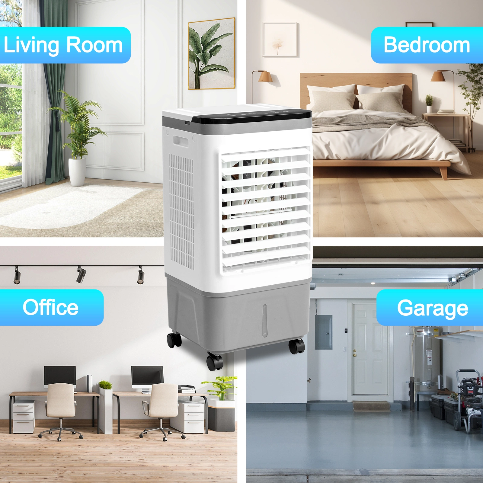 3 in 1 Portable Evaporative Cooler,720R,Indoor,Outdoor,461CFM Air Cooler with remote,Copper motor,5.28 Gal Water Tank & Scroll Casters, 4 Ice Packs,12H timer settings,Gray and White view 9