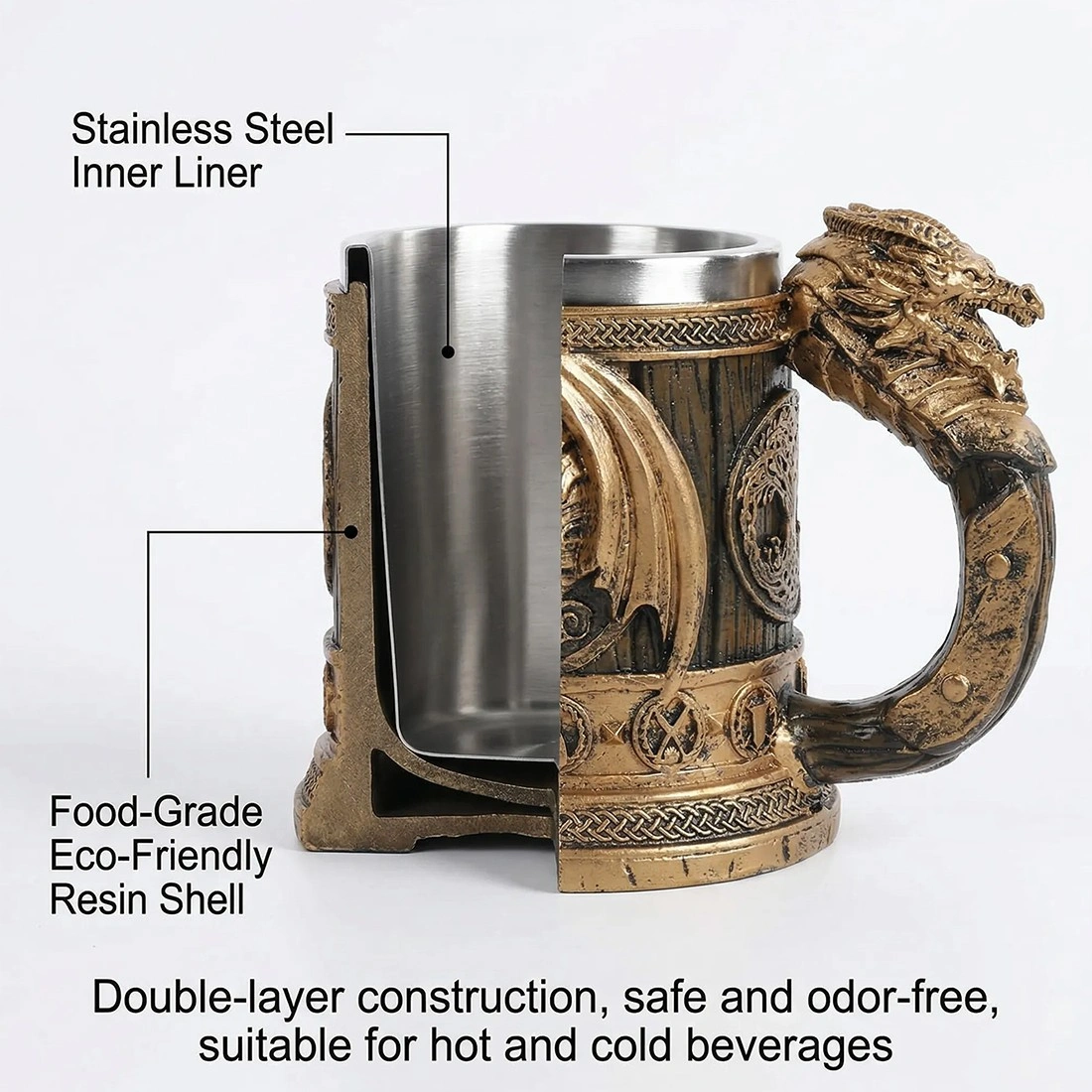 Viking Beer Mug 550ml Stainless Steel Tankard - Nordic Retro Style Ale Coffee Cup & Beer Stein view 3