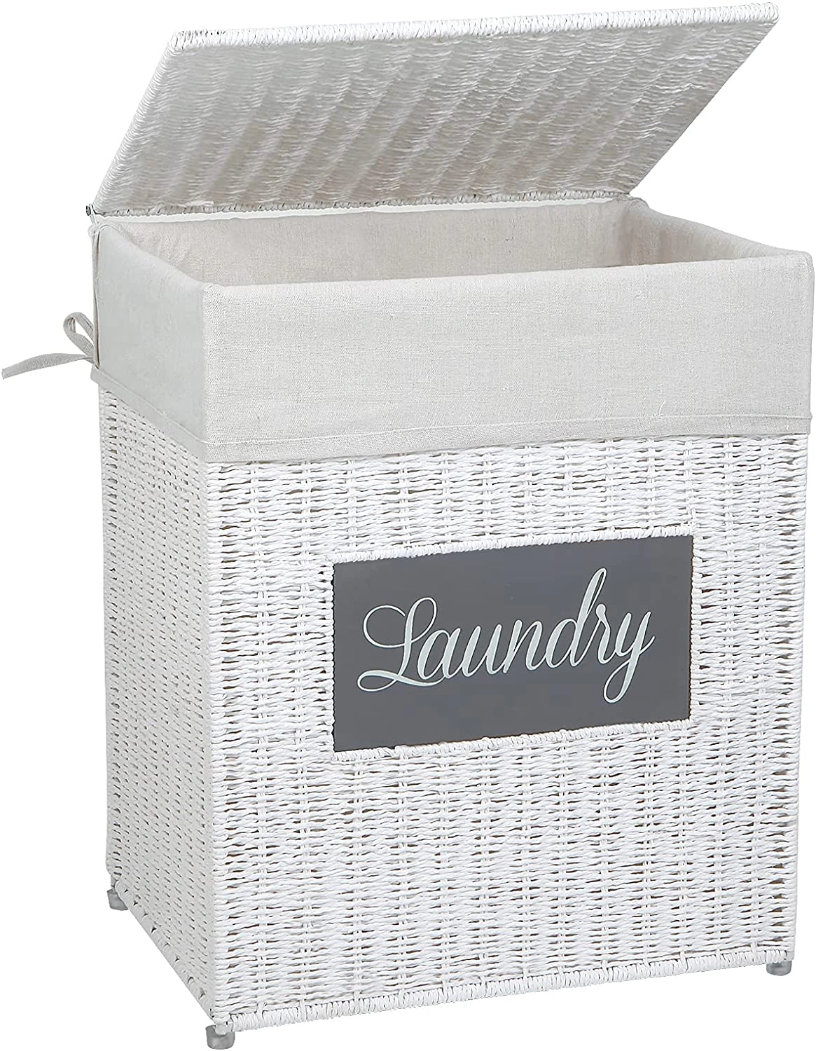 White Paper Woven Laundry Hamper with Lid Handles Liner Bag Clothes Storage Basket