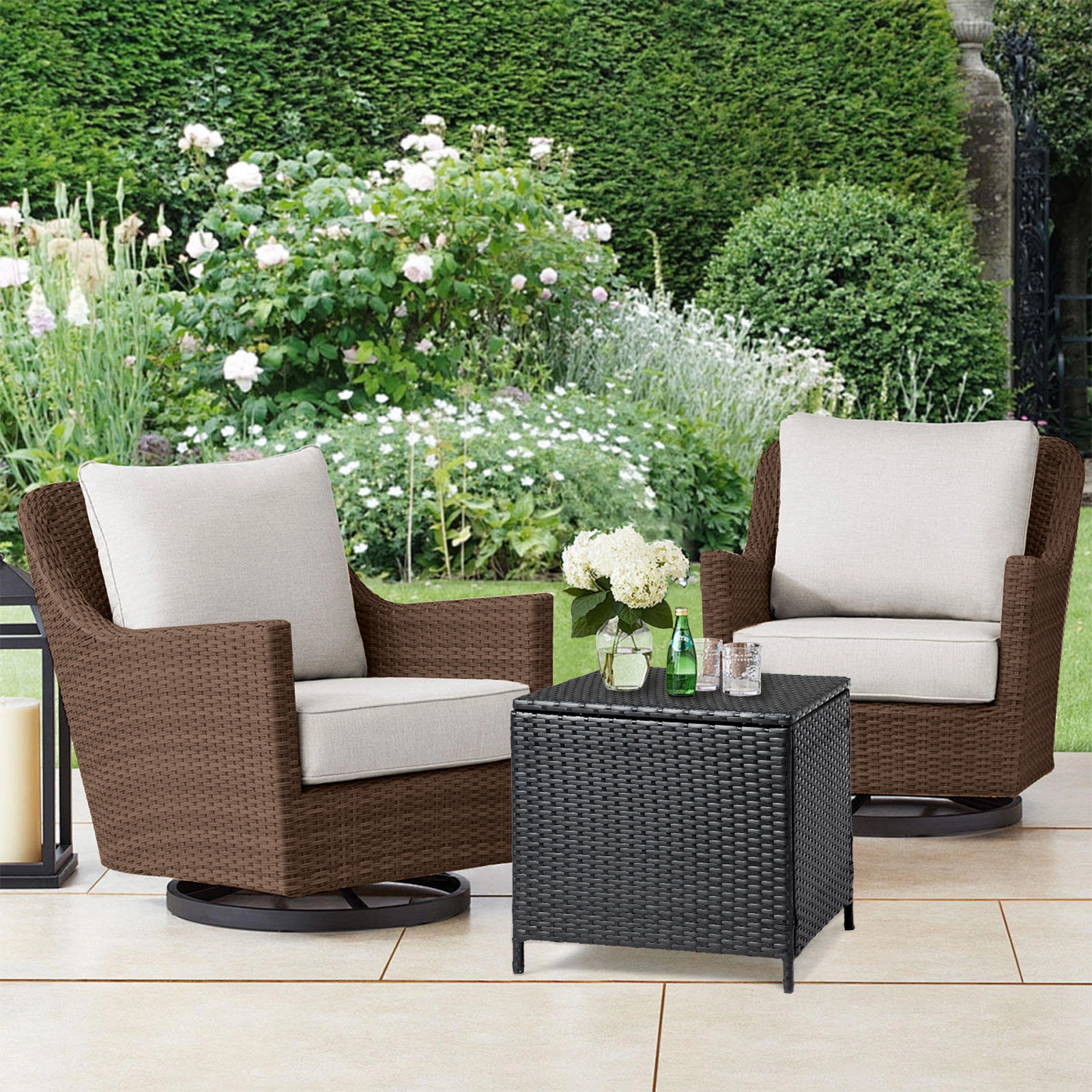 Outdoor PE Wicker Side Table with Storage, Patio Rattan End Table Square Container for Furniture Covers, Toys and Gardening Tools, Black view 10