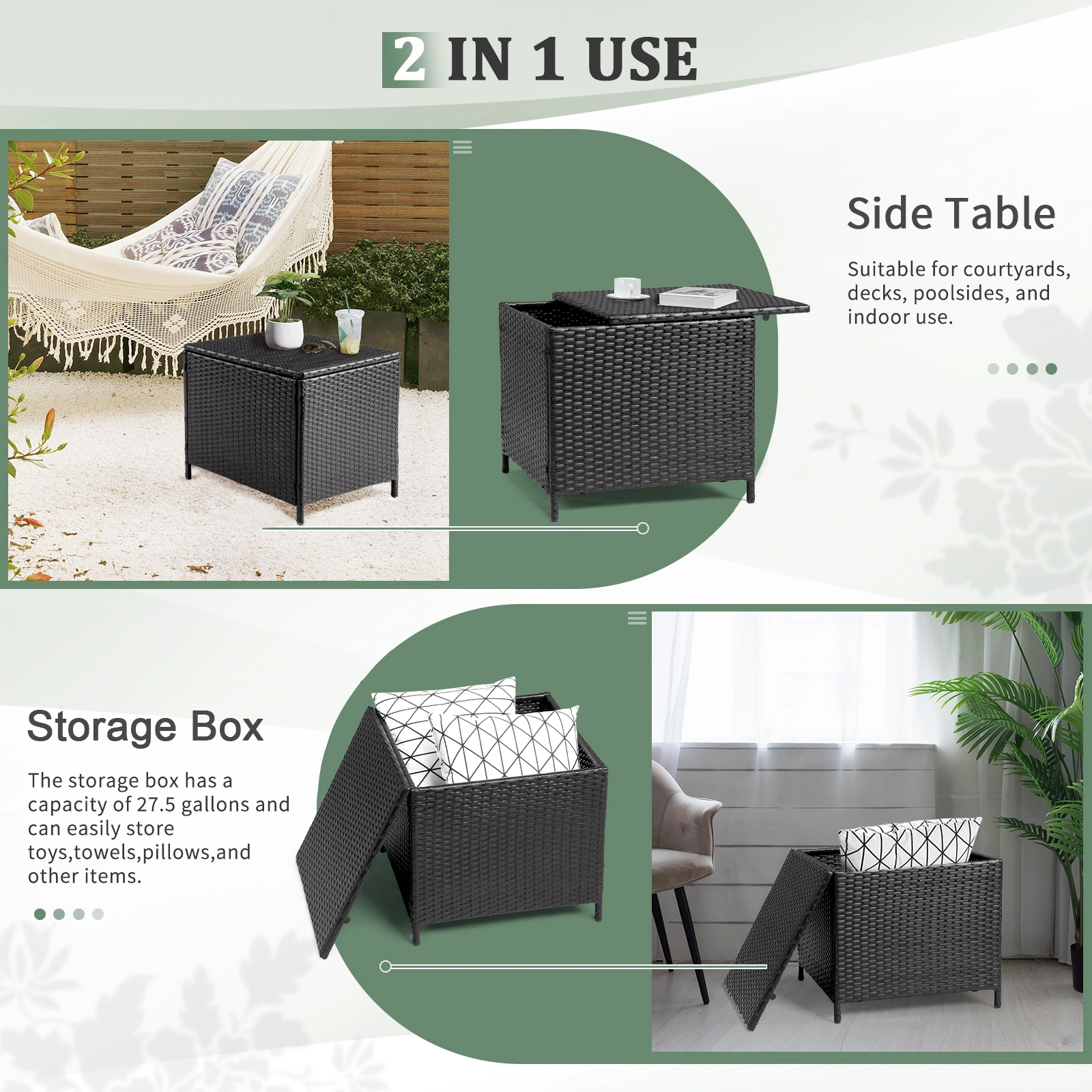 Outdoor PE Wicker Side Table with Storage, Patio Rattan End Table Square Container for Furniture Covers, Toys and Gardening Tools, Black view 11