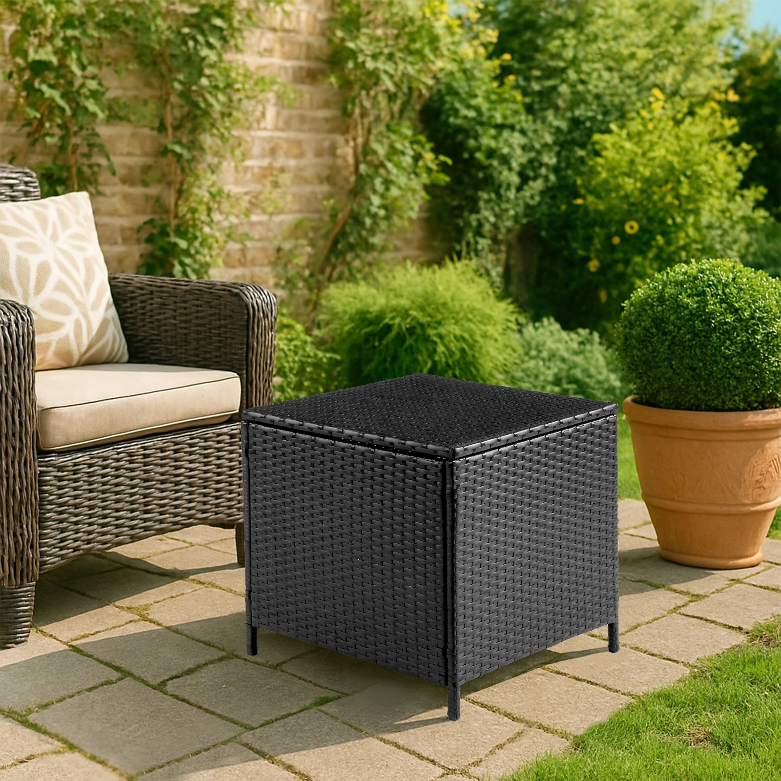 Outdoor PE Wicker Side Table with Storage, Patio Rattan End Table Square Container for Furniture Covers, Toys and Gardening Tools, Black view 12