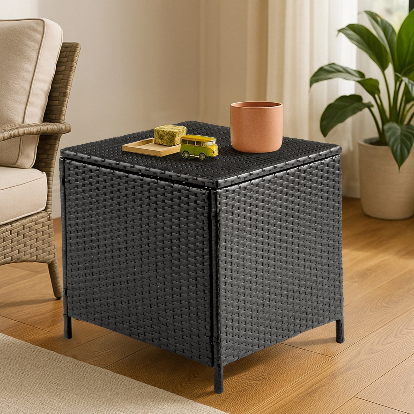 Outdoor PE Wicker Side Table with Storage, Patio Rattan End Table Square Container for Furniture Covers, Toys and Gardening Tools, Black view 13