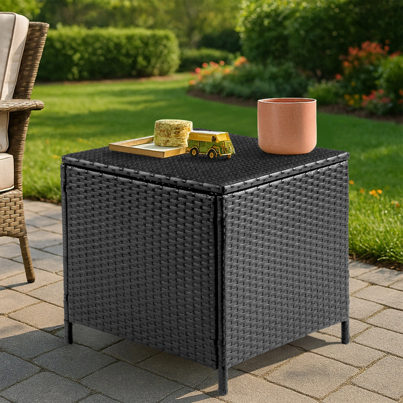 Outdoor PE Wicker Side Table with Storage, Patio Rattan End Table Square Container for Furniture Covers, Toys and Gardening Tools, Black view 14