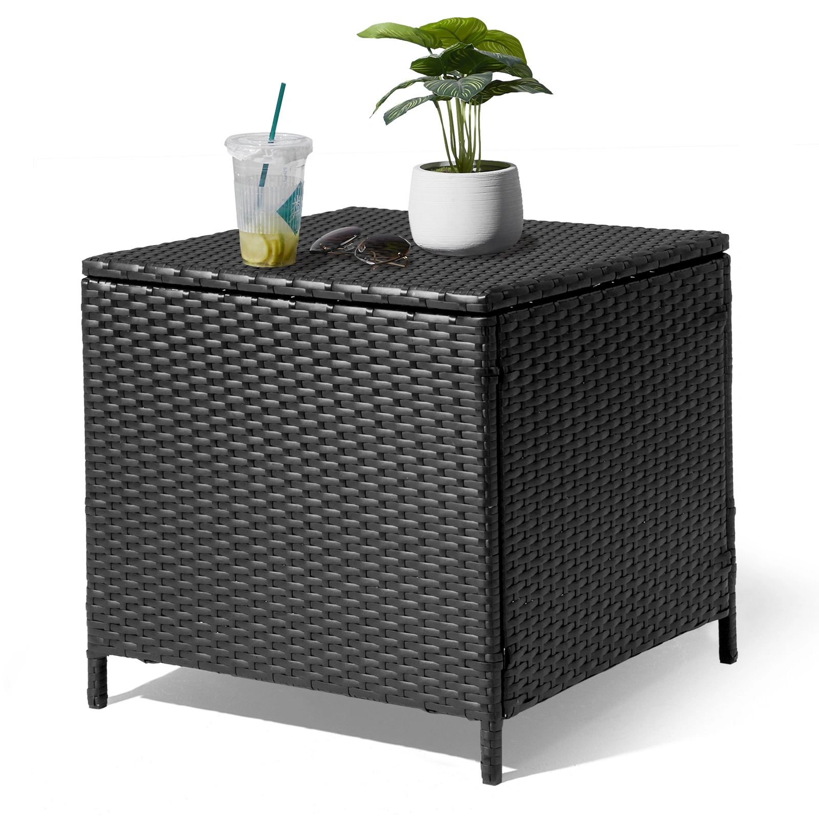 Outdoor PE Wicker Side Table with Storage, Patio Rattan End Table Square Container for Furniture Covers, Toys and Gardening Tools, Black view 3