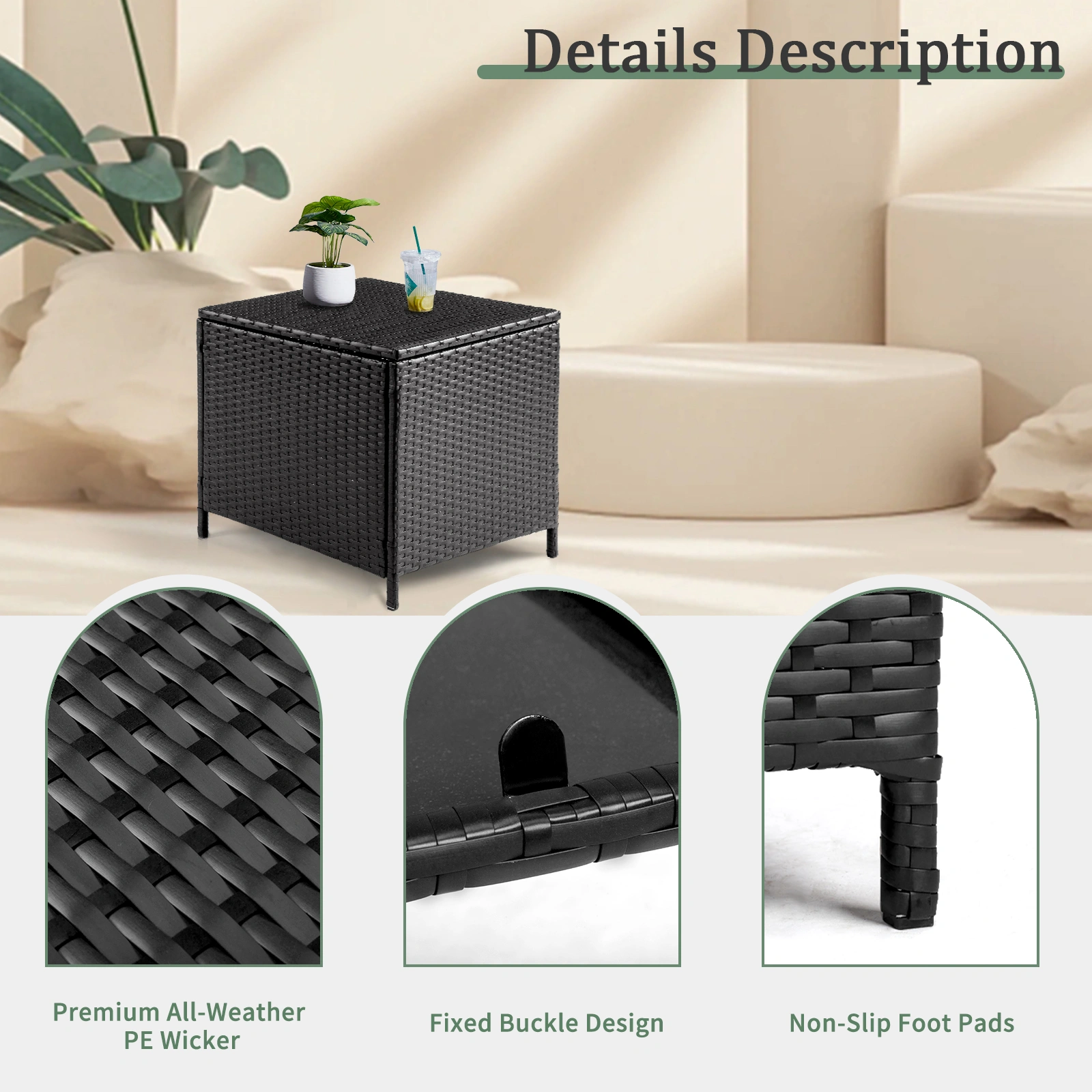 Outdoor PE Wicker Side Table with Storage, Patio Rattan End Table Square Container for Furniture Covers, Toys and Gardening Tools, Black view 5