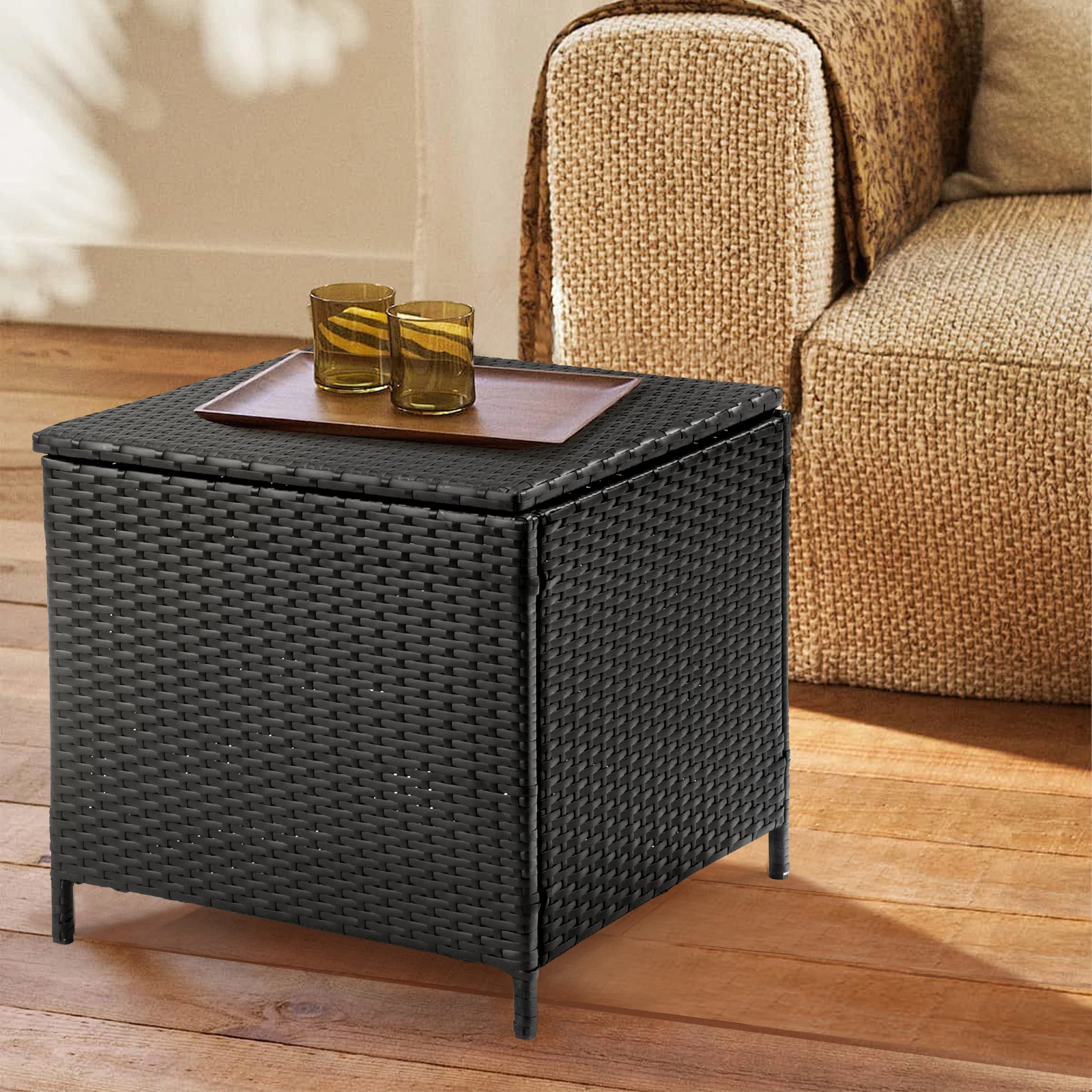 Outdoor PE Wicker Side Table with Storage, Patio Rattan End Table Square Container for Furniture Covers, Toys and Gardening Tools, Black view 7